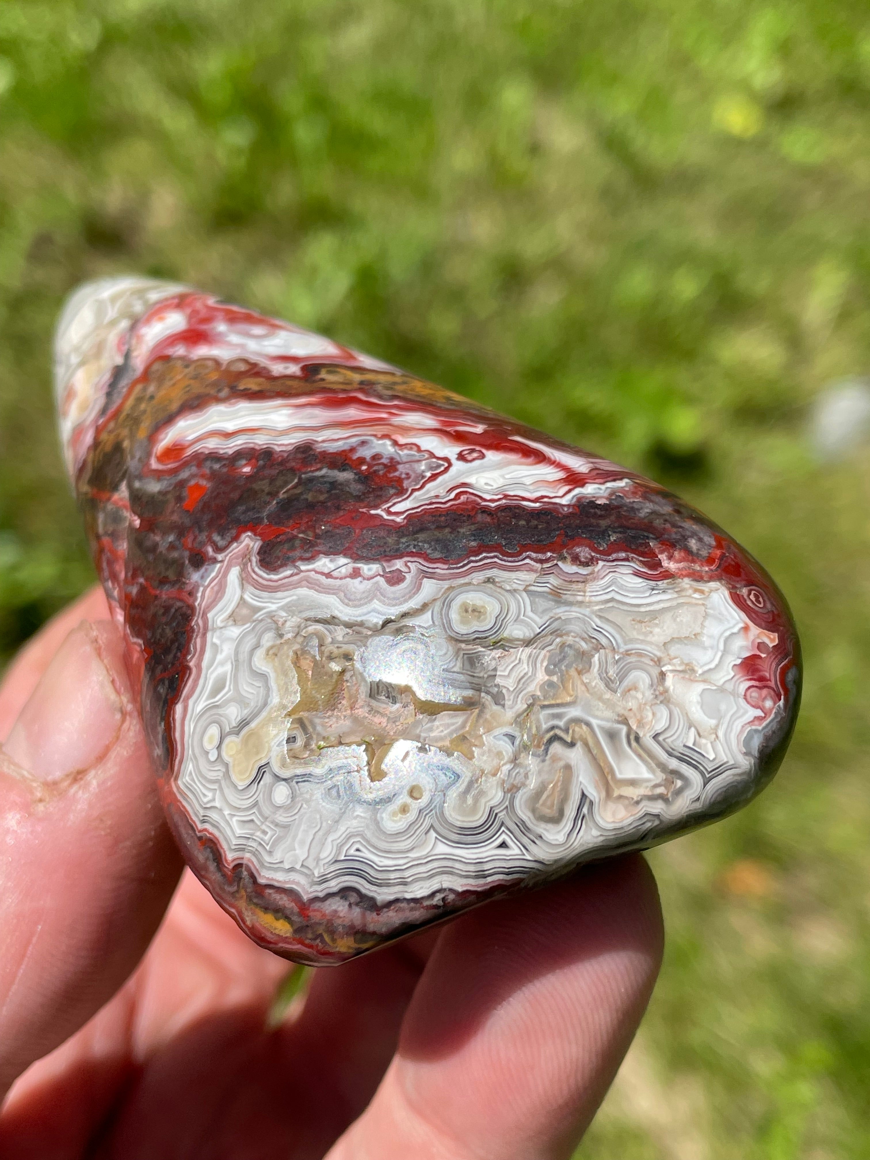 StoneBorn Creations Hand-Polished Lace Agate Freeform with Deep Crimson Banding, Intricate Fortification Patterns, and Natural Druzy Pocket