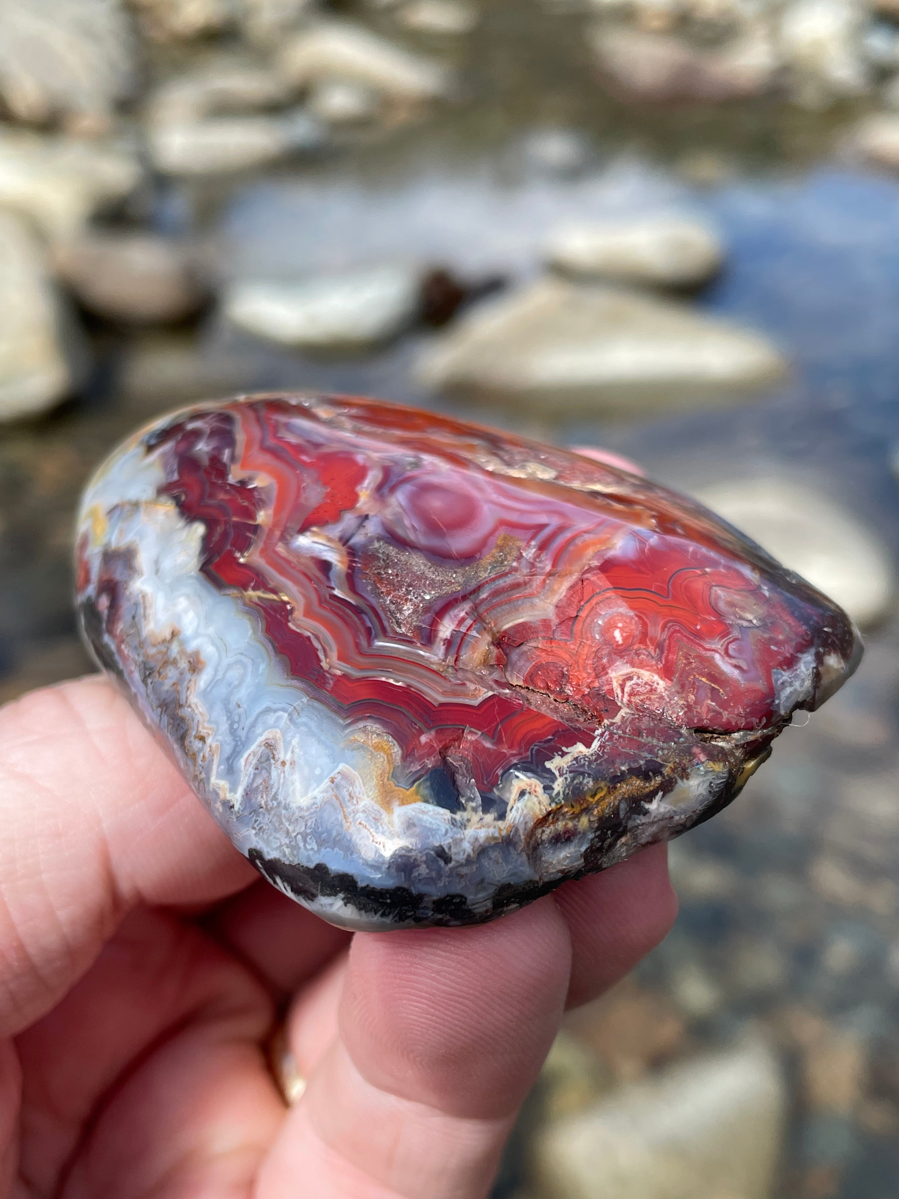 StoneBorn Creations Hand Polished Lace Agate Freeform with Fiery Crimson Banding and Natural Raw Backing