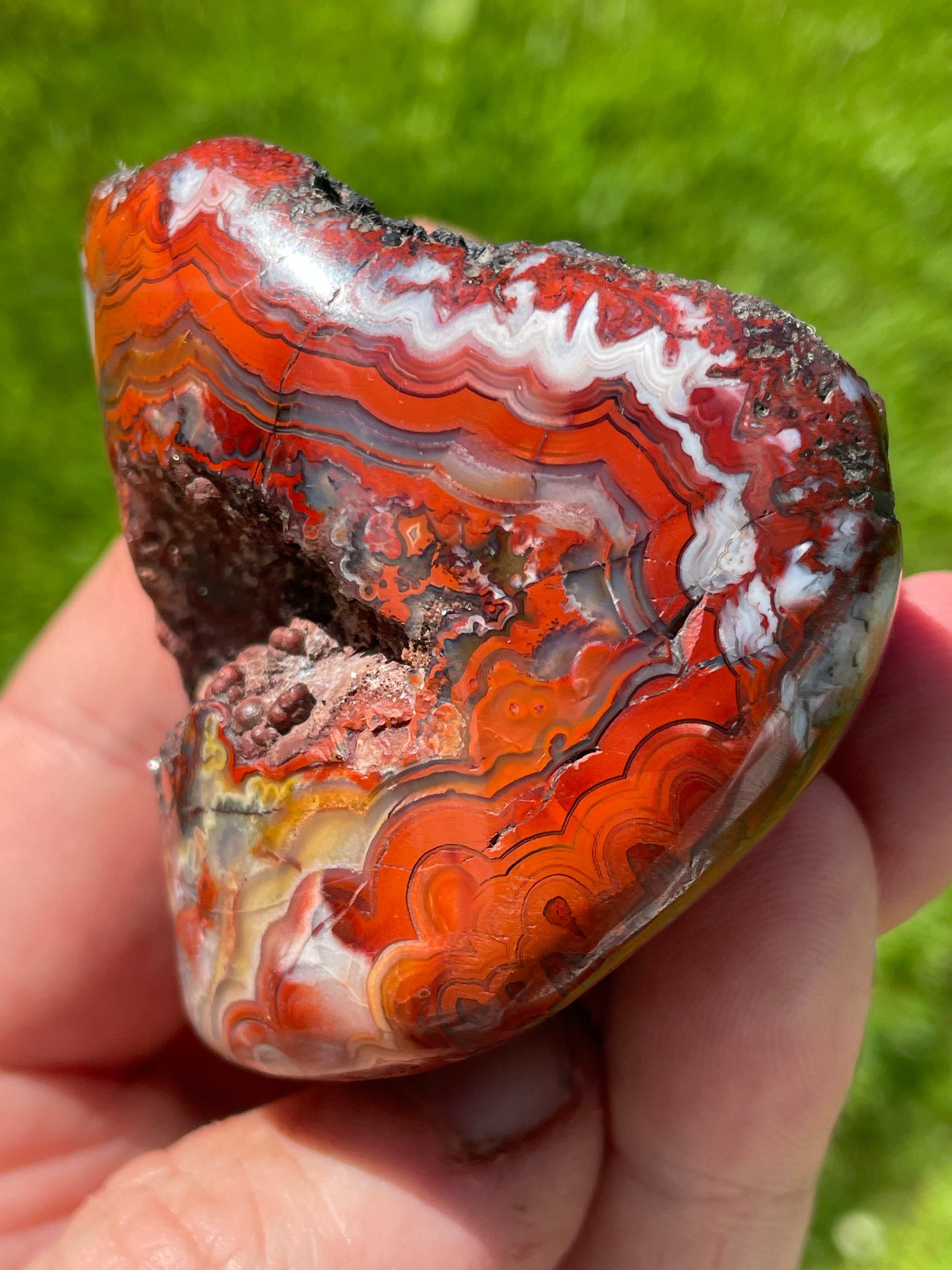 StoneBorn Creations Hand-Polished Lace Agate Freeform with Crimson Fortification Banding, Natural Druzy Pocket, and Preserved Volcanic Matrix