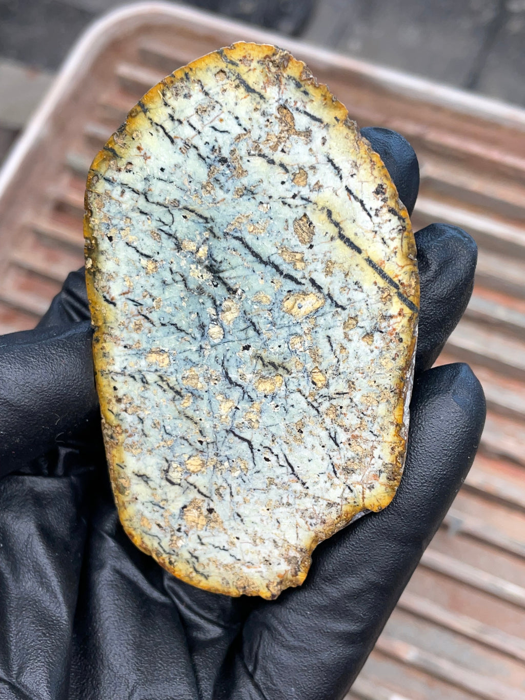 StoneBorn Creations | Polished Vermont Greenstone Slab — Soft Sage + Golden Freckling
