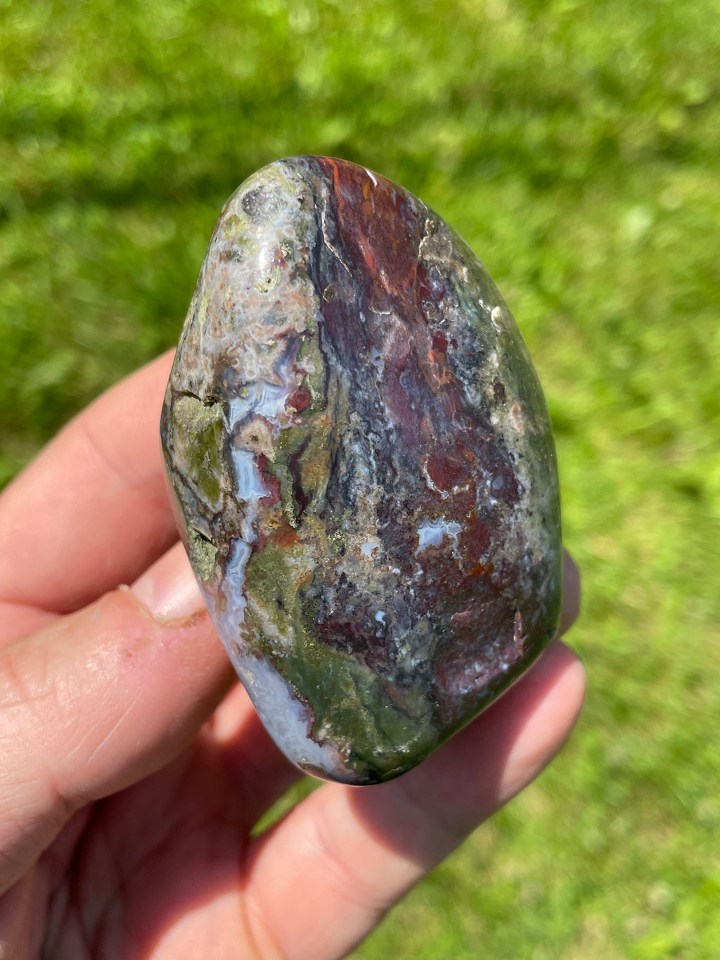 StoneBorn Creations Hand-Polished Green Serpentine & Red Jasper Freeform with Blue Chalcedony Pockets