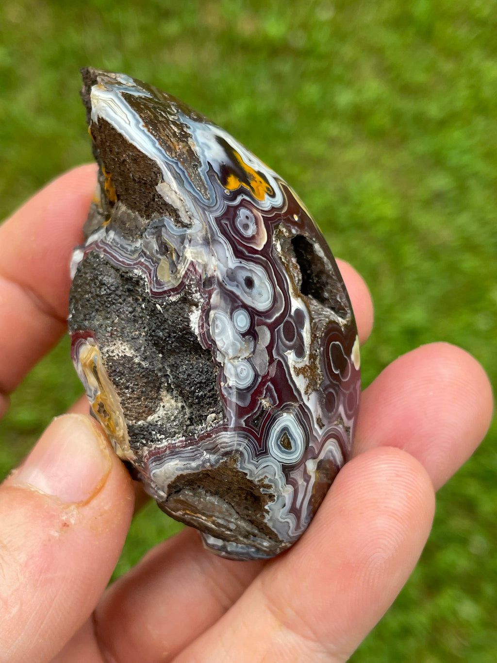 StoneBorn Creations Hand-Polished Lace Agate Freeform with Natural Druzy Quartz Pocket & Orbicular Banding