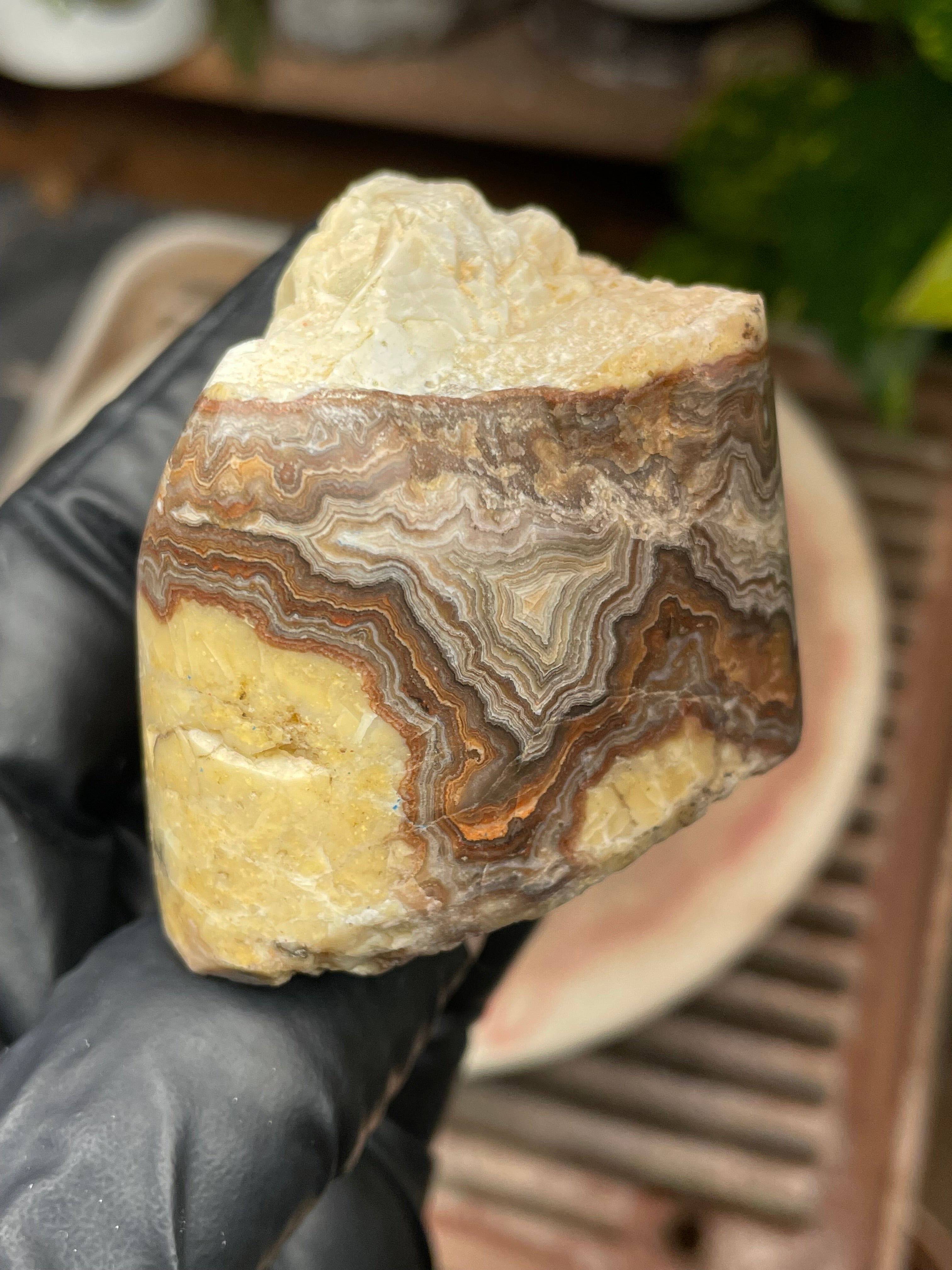 StoneBorn Creations Hand-Polished Banded Lace Agate with Natural Raw Top and Base – Intricate Earth-Toned Banding Freeform Finish