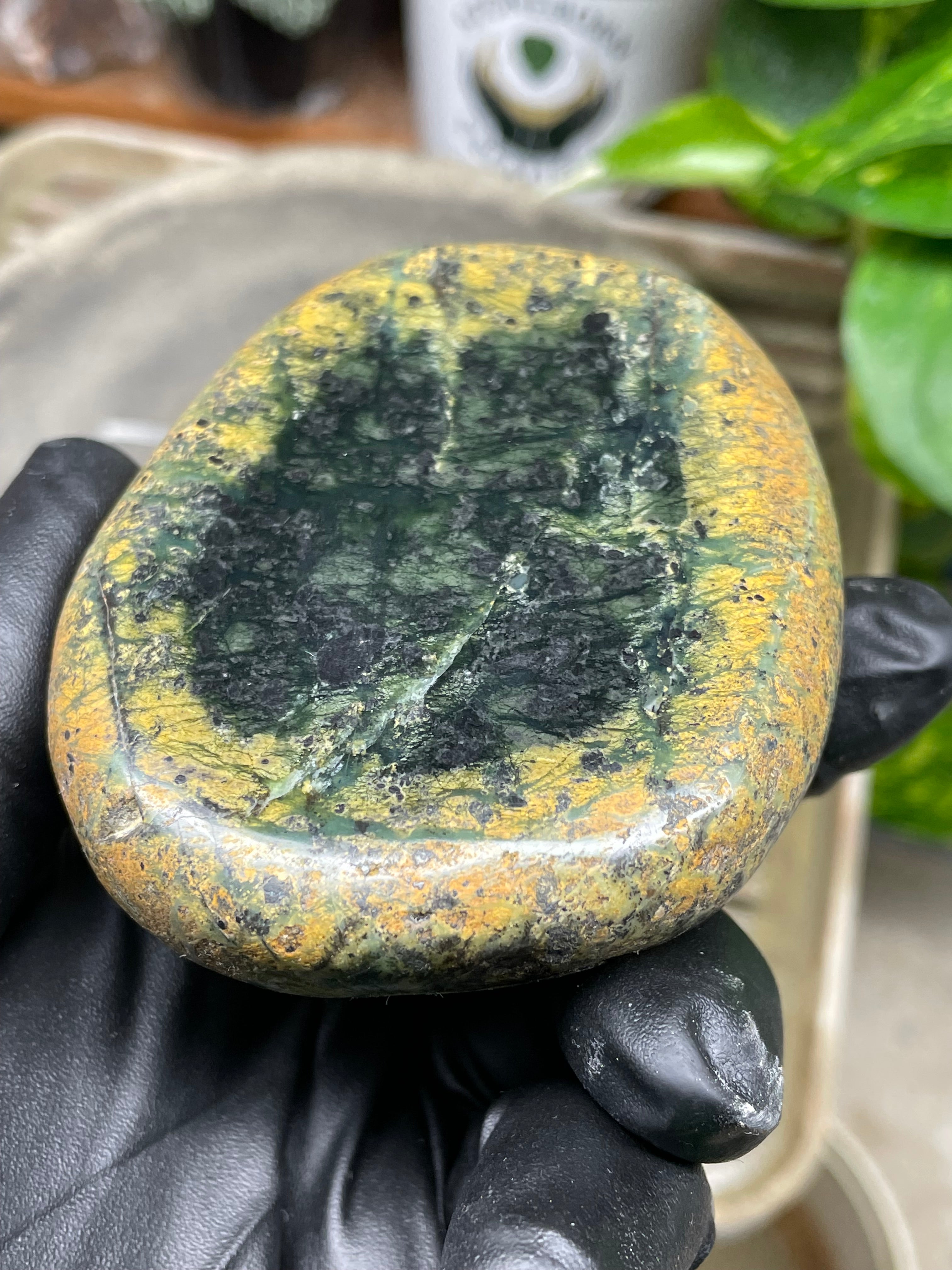 StoneBorn Creations Hand-Polished Vermont River Stone Pair – Rounded Freeform Halves with Natural Raw Backs & Deep Green Interior Patterns