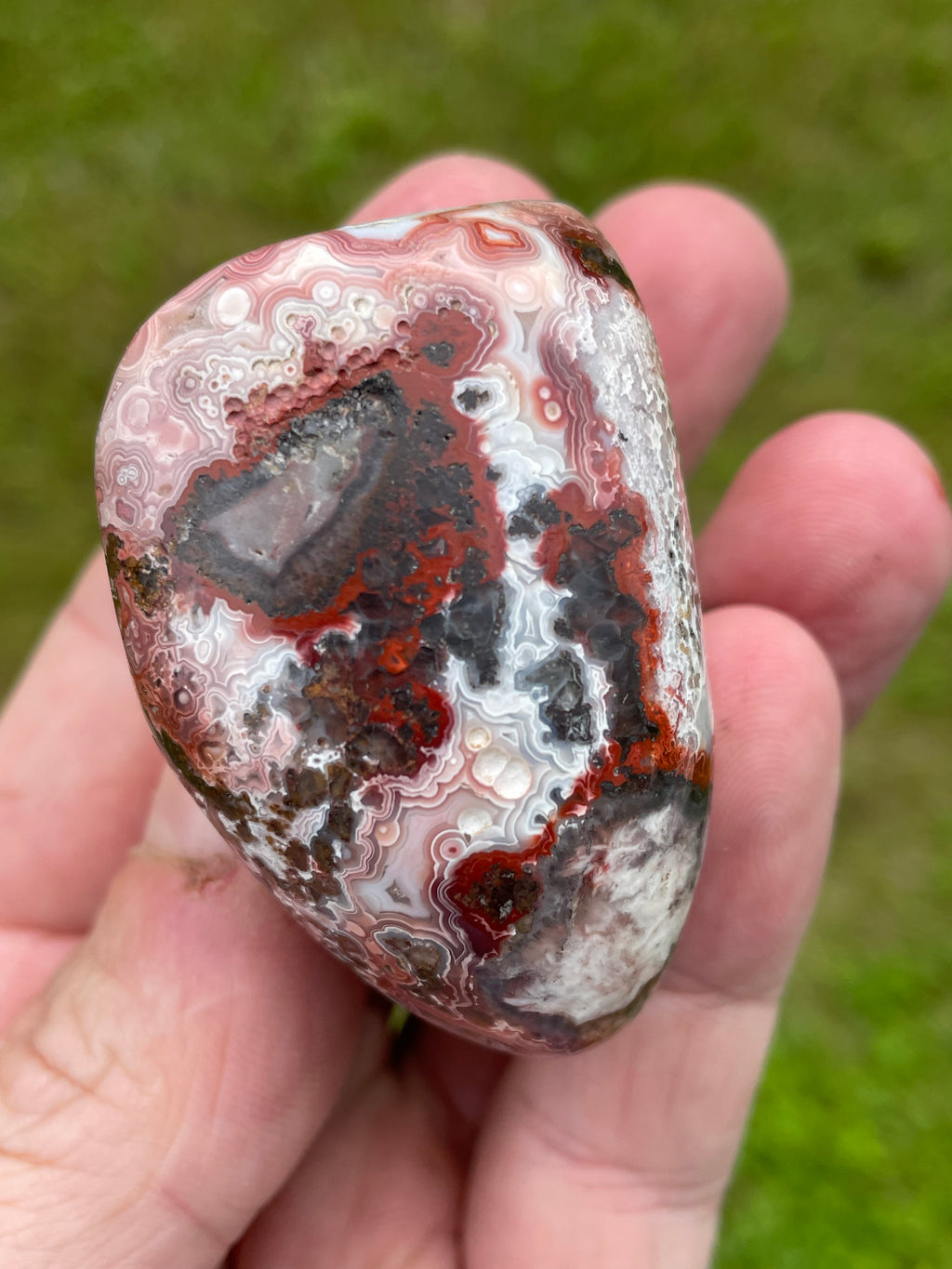 StoneBorn Creations Hand-Polished Lace Agate Freeform with Crimson Fortification Banding, Natural Druzy Cavities, and Intricate Orbicular Patterns