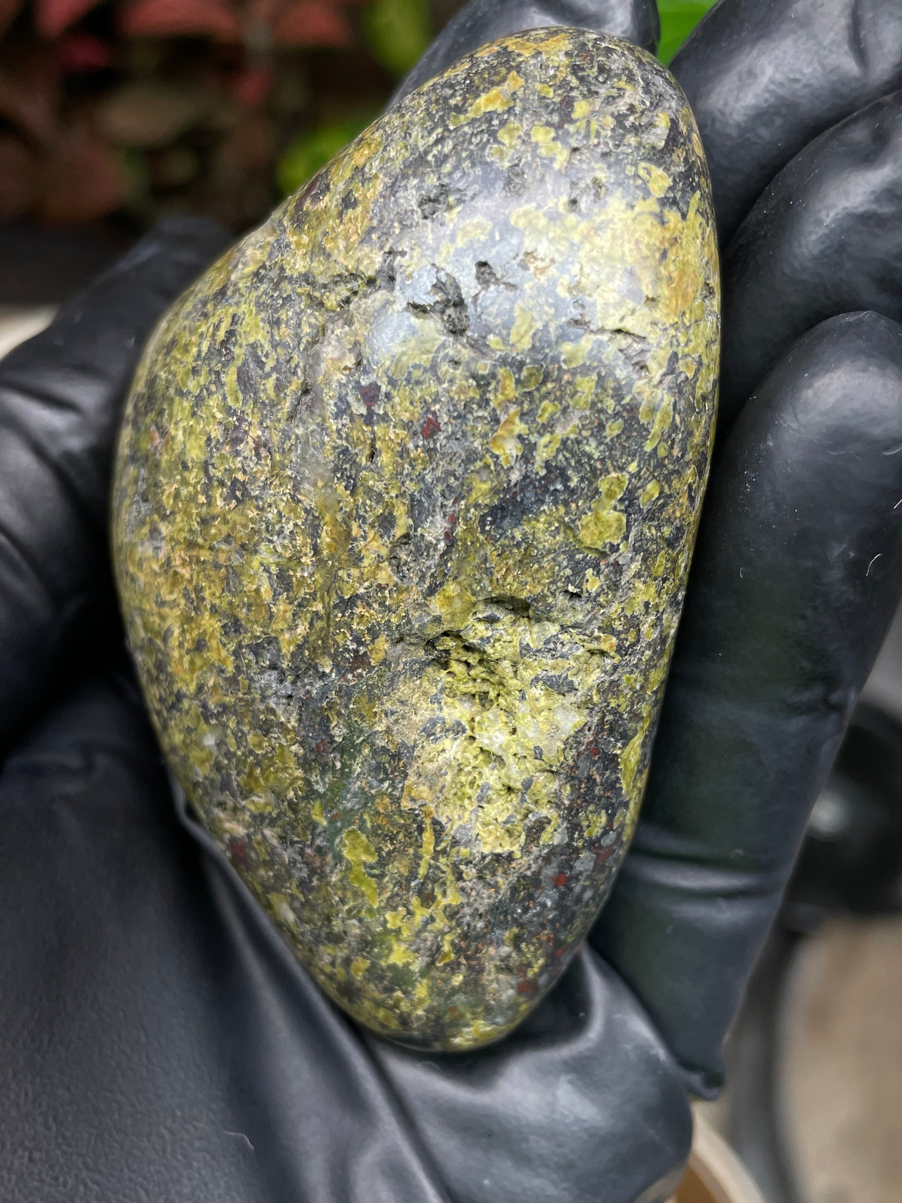 StoneBorn Creations Hand-Polished Vermont Serpentine with Garnet Flecking, Quartz Pockets, and Deep Olive Green Matrix Freeform Finish