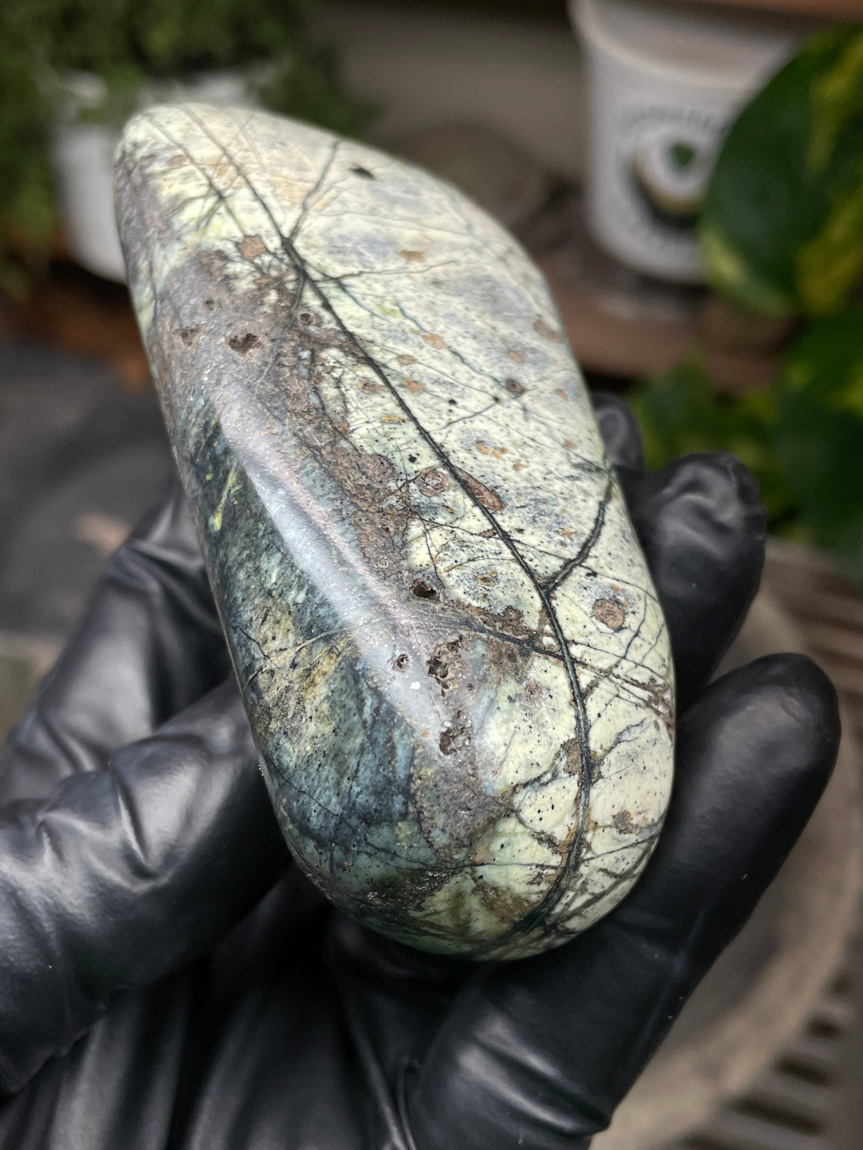 StoneBorn Creations Hand-Polished Vermont Serpentine with Spiderweb Veining, Soft Ivory Green Tones, and Natural Earth Markings