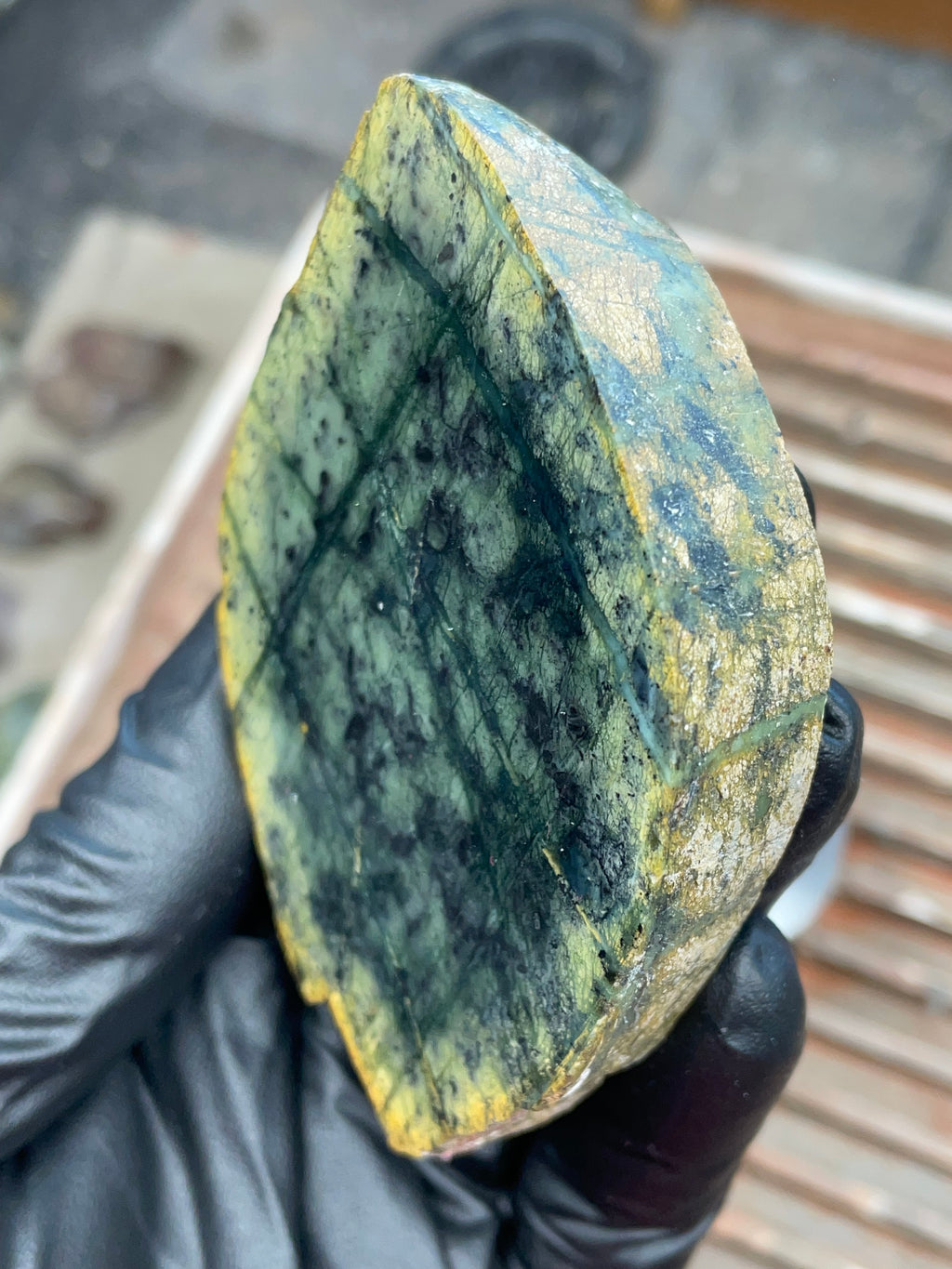 StoneBorn Creations | Polished Vermont Greenstone “Glacier Grid” Slab — Deep Forest Green + Golden Rind