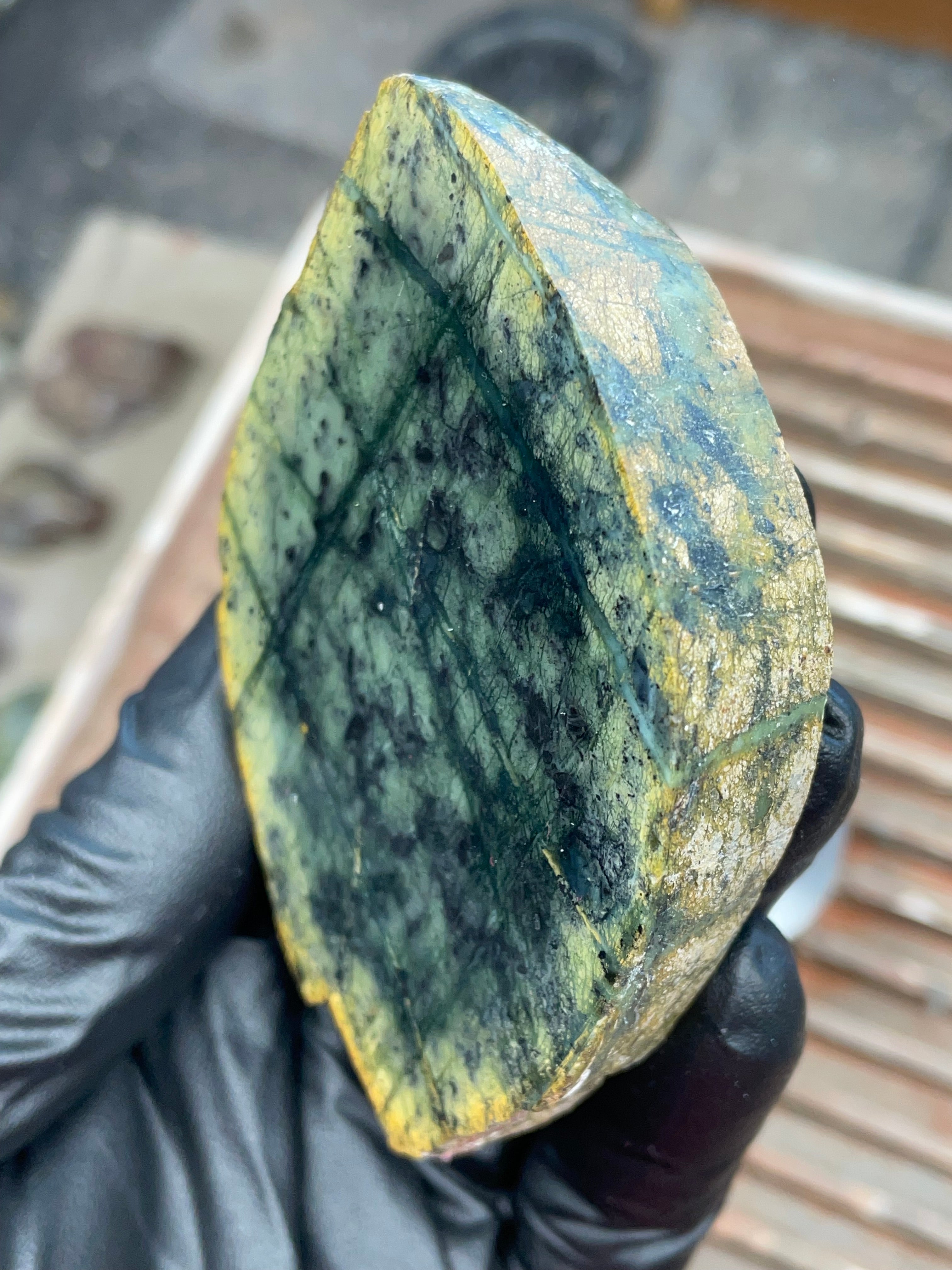 StoneBorn Creations | Polished Vermont Greenstone “Glacier Grid” Slab — Deep Forest Green + Golden Rind