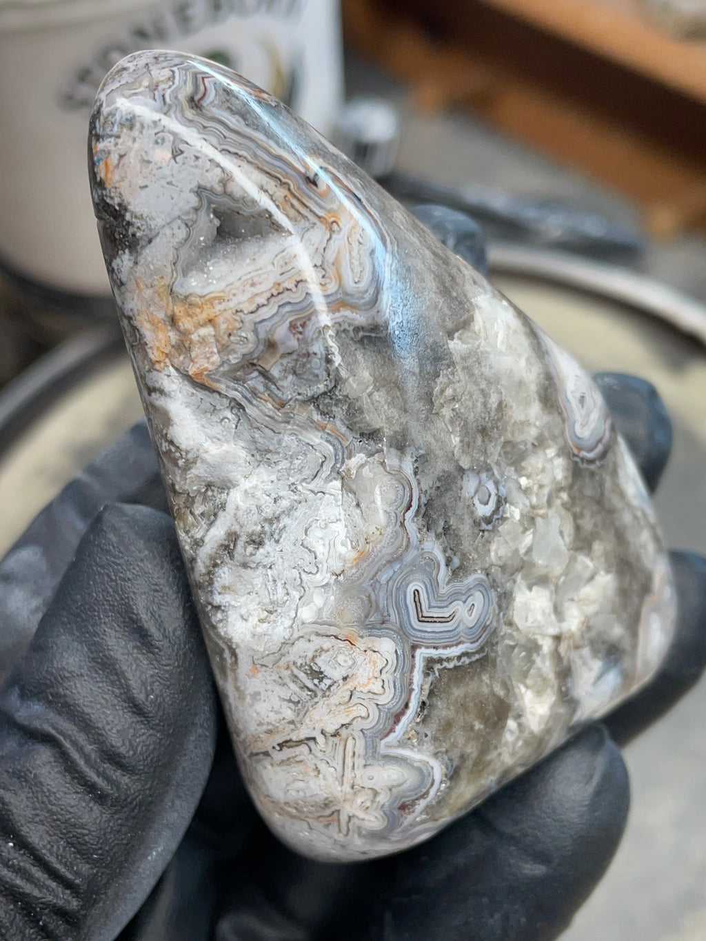 StoneBorn Creations | Hand-Polished Lace Agate with Natural Quartz Crystal Pockets
