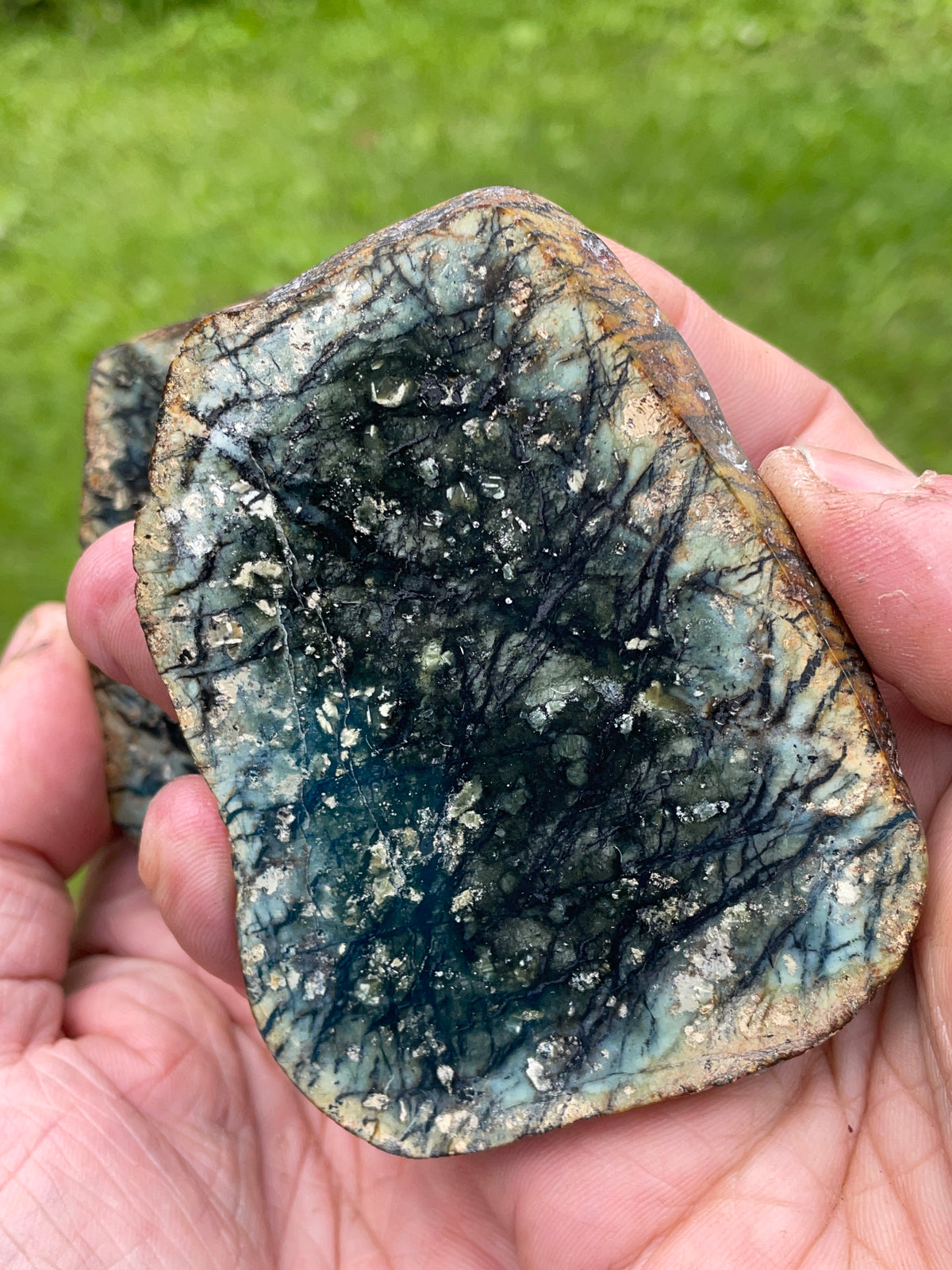 StoneBorn Creations – Hand-Polished Dark Green & Black Dendritic Mystery Stone | Natural Matching Pair