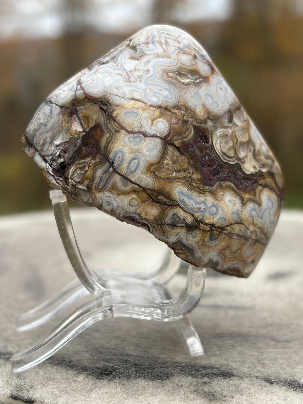 StoneBorn Creations – Crazy Lace Agate | Intricate Blue, Cream & Golden Banding | Hand-Polished Natural Stone