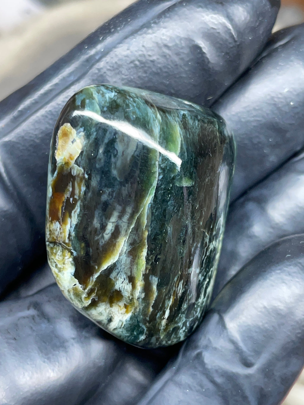 StoneBorn Creations Hand-Polished Vermont Serpentine – Deep Green Natural Patterns – One-of-a-Kind Display Stone