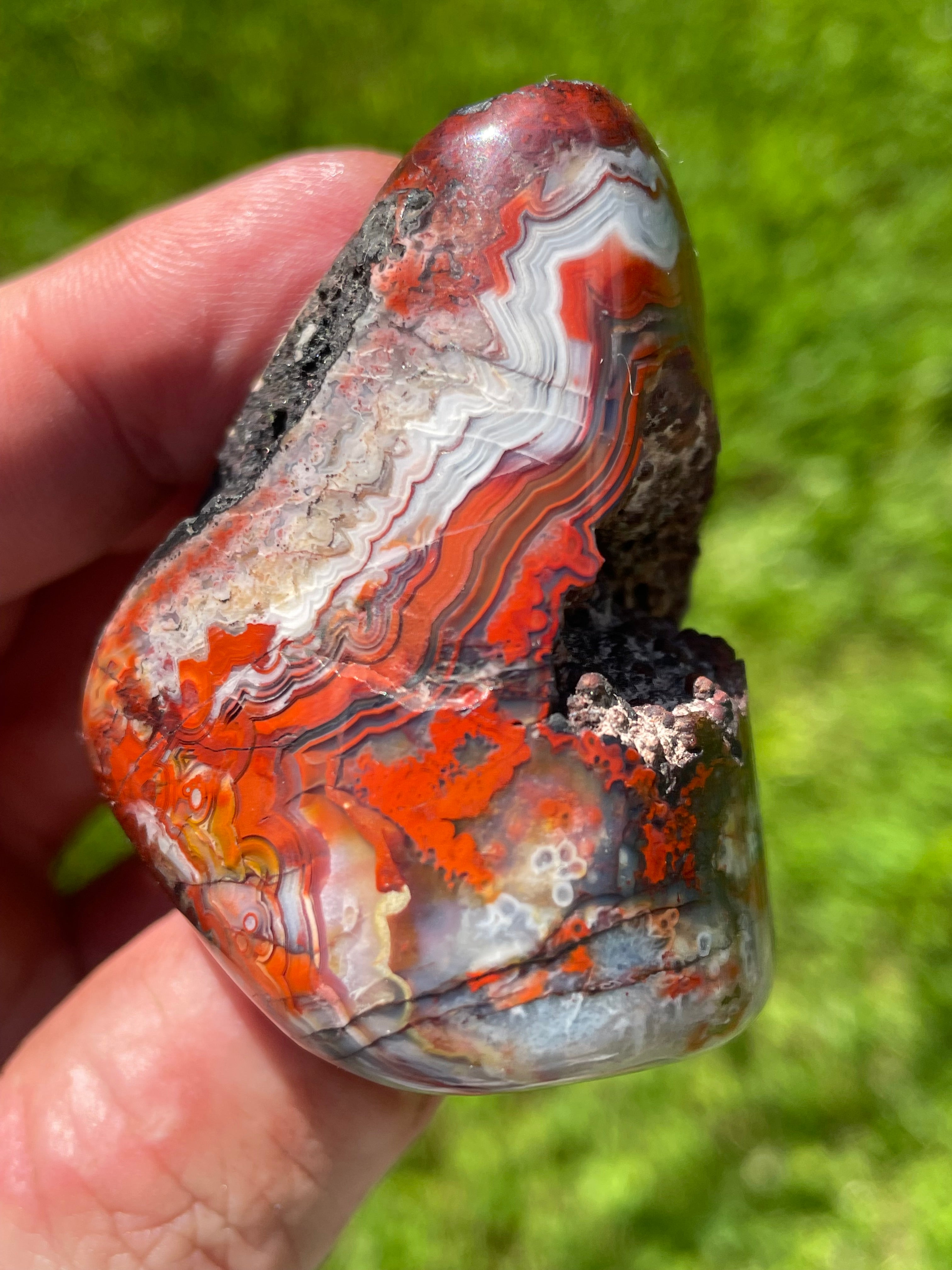 StoneBorn Creations Hand-Polished Lace Agate Freeform with Crimson Fortification Banding, Natural Druzy Pocket, and Preserved Volcanic Matrix