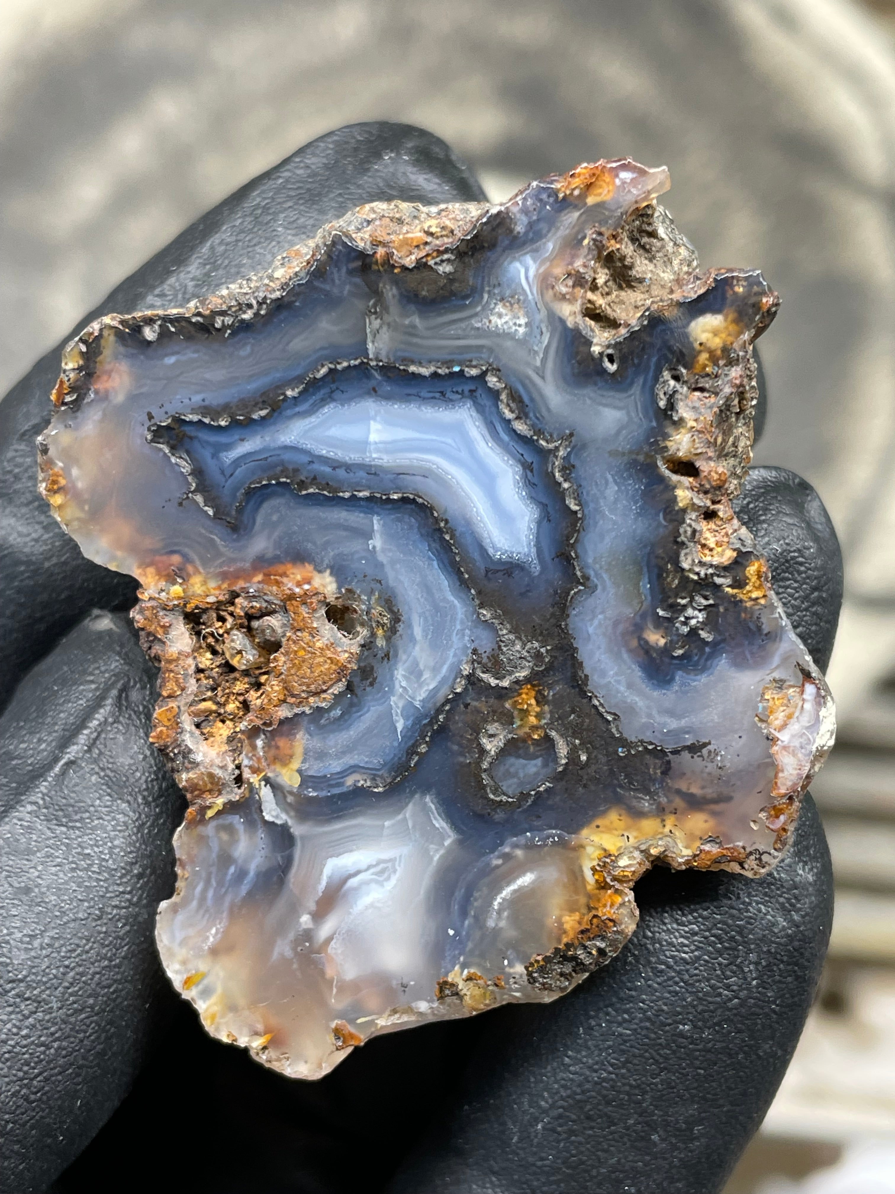 StoneBorn Creations Hand-Polished Banded Agate Pair – Cut Matching Halves with Steel-Blue Fortification Bands