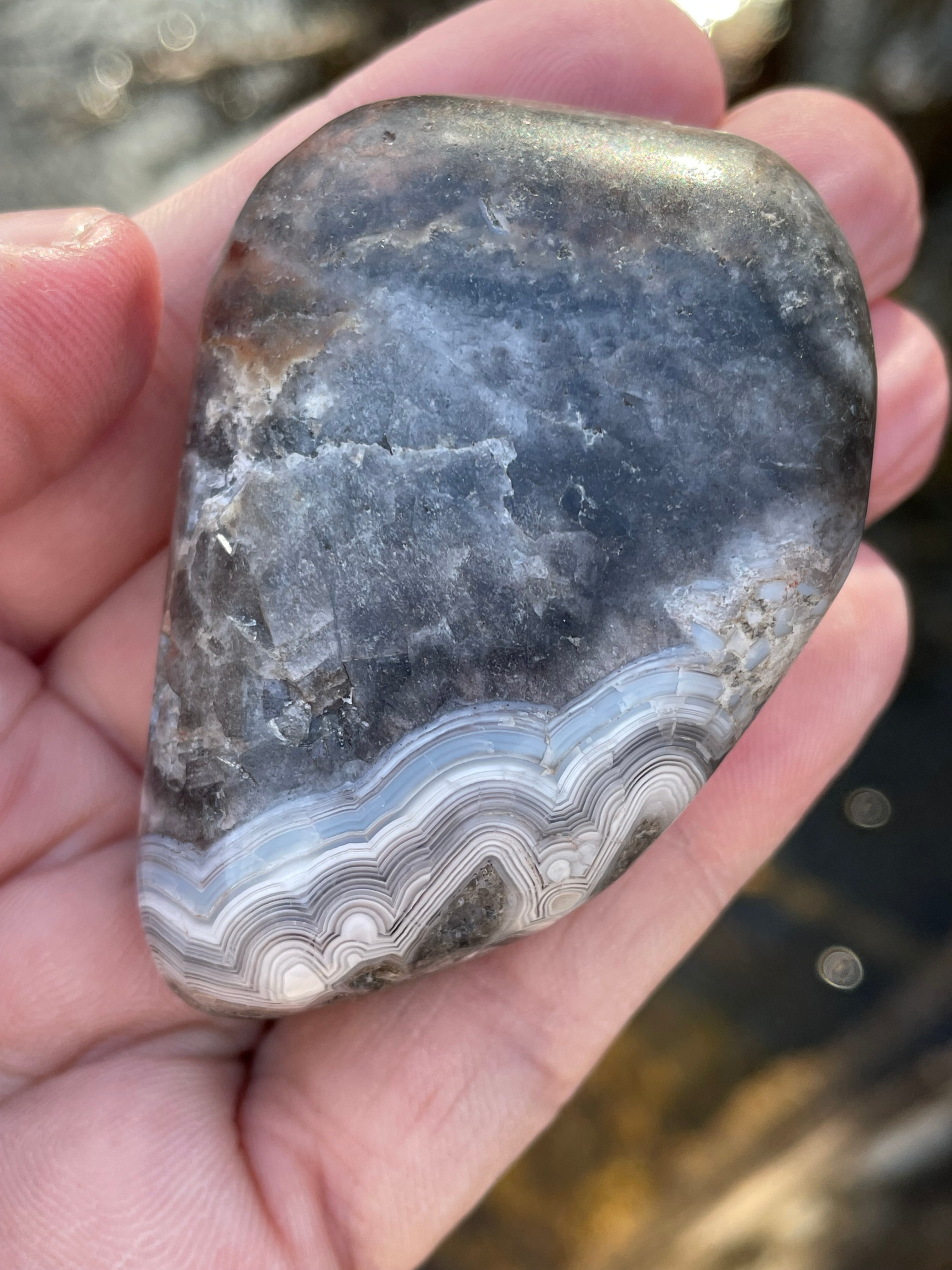 StoneBorn Creations Hand-Polished Banded Agate with Soft Grey Lace Layers Natural Quartz Matrix Freeform Finish