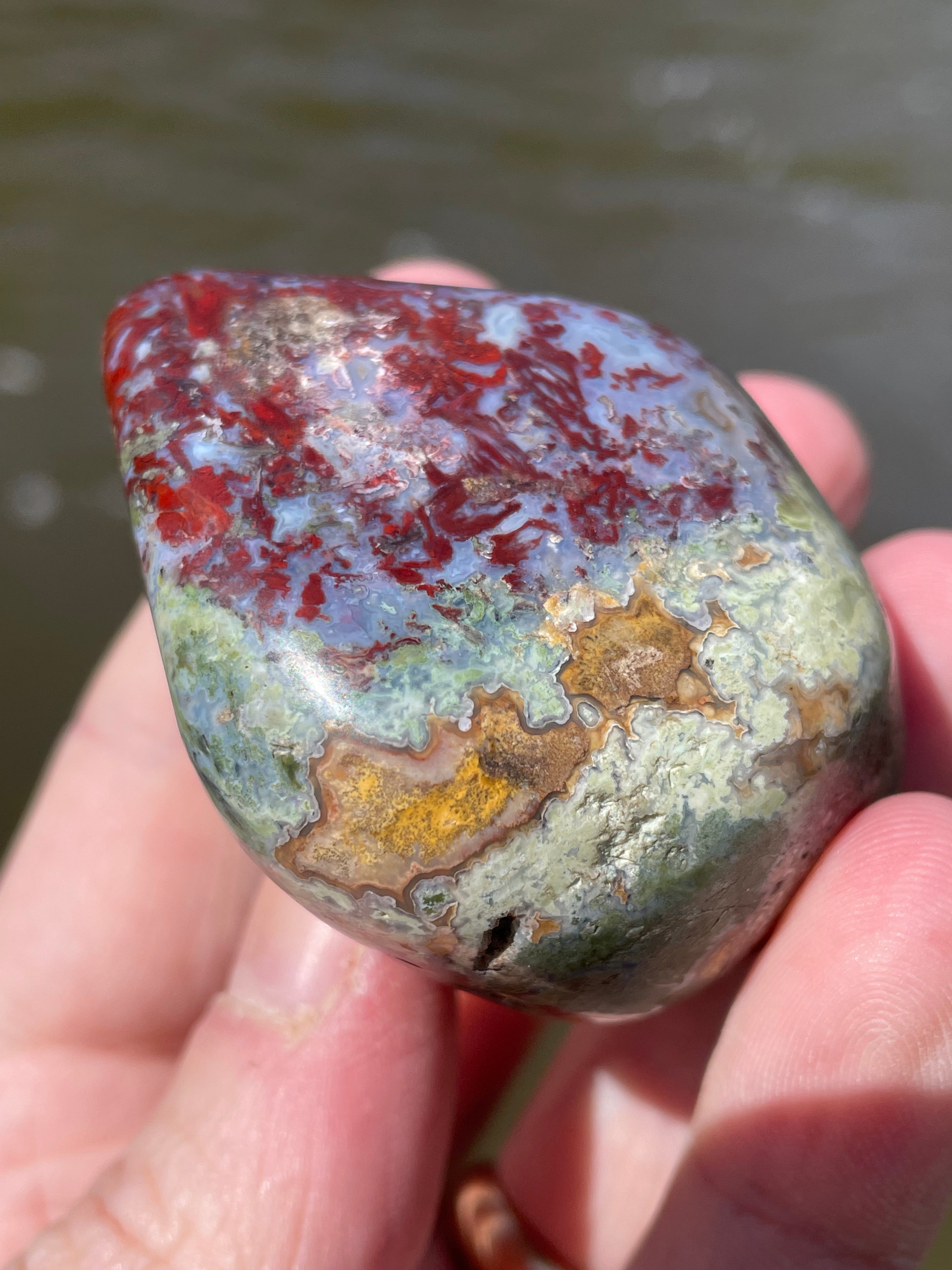 StoneBorn Creations Hand-Polished Lace Agate with Crimson Plumes, Moss Green Inclusions & Natural Freeform Finish