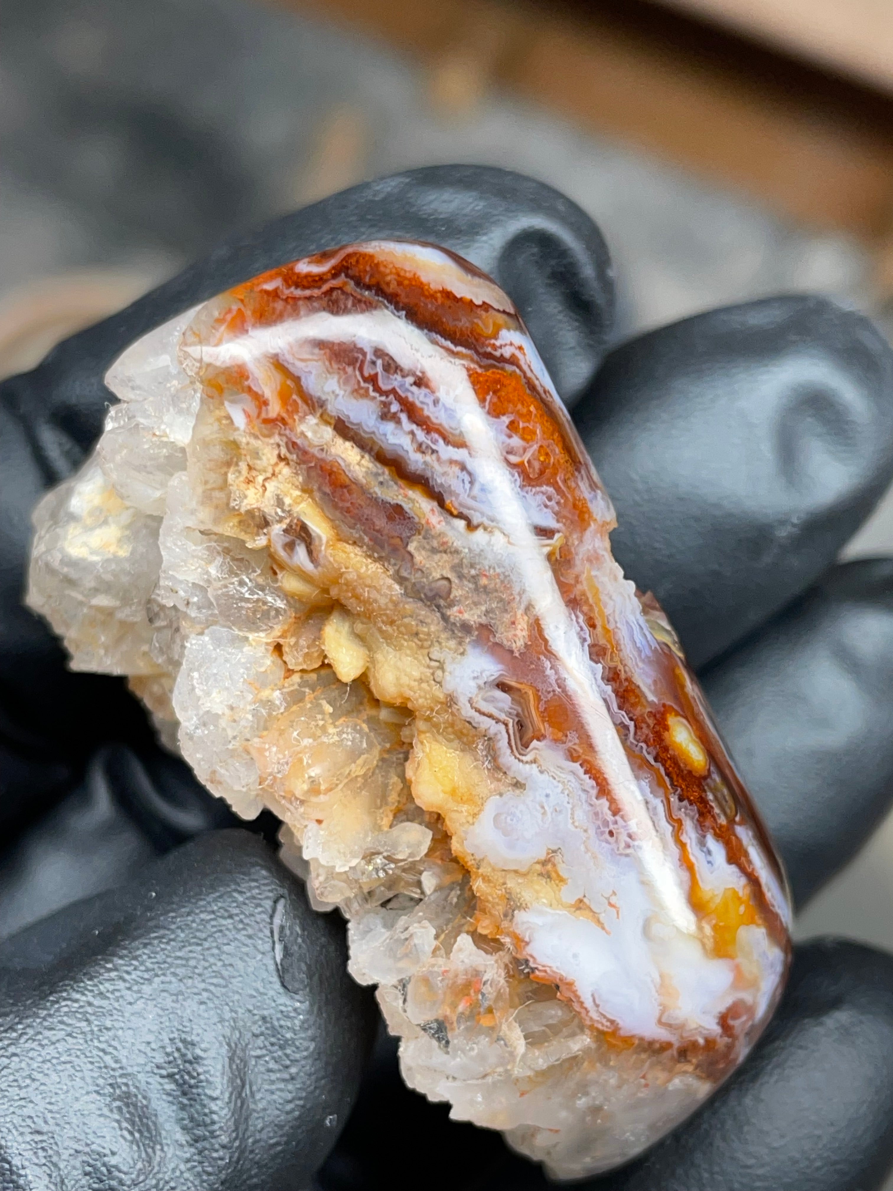 StoneBorn Creations Hand-Polished Fire Agate with Raw Crystal Top – Banded Natural Agate Display Stone