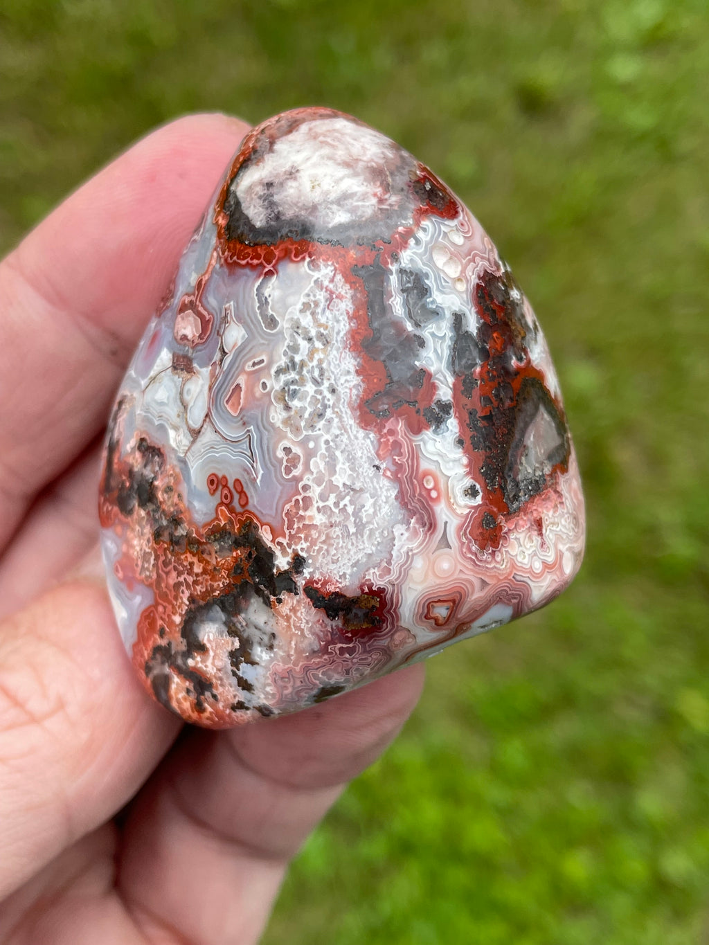 StoneBorn Creations Hand-Polished Lace Agate Freeform with Crimson Fortification Banding, Natural Druzy Cavities, and Intricate Orbicular Patterns