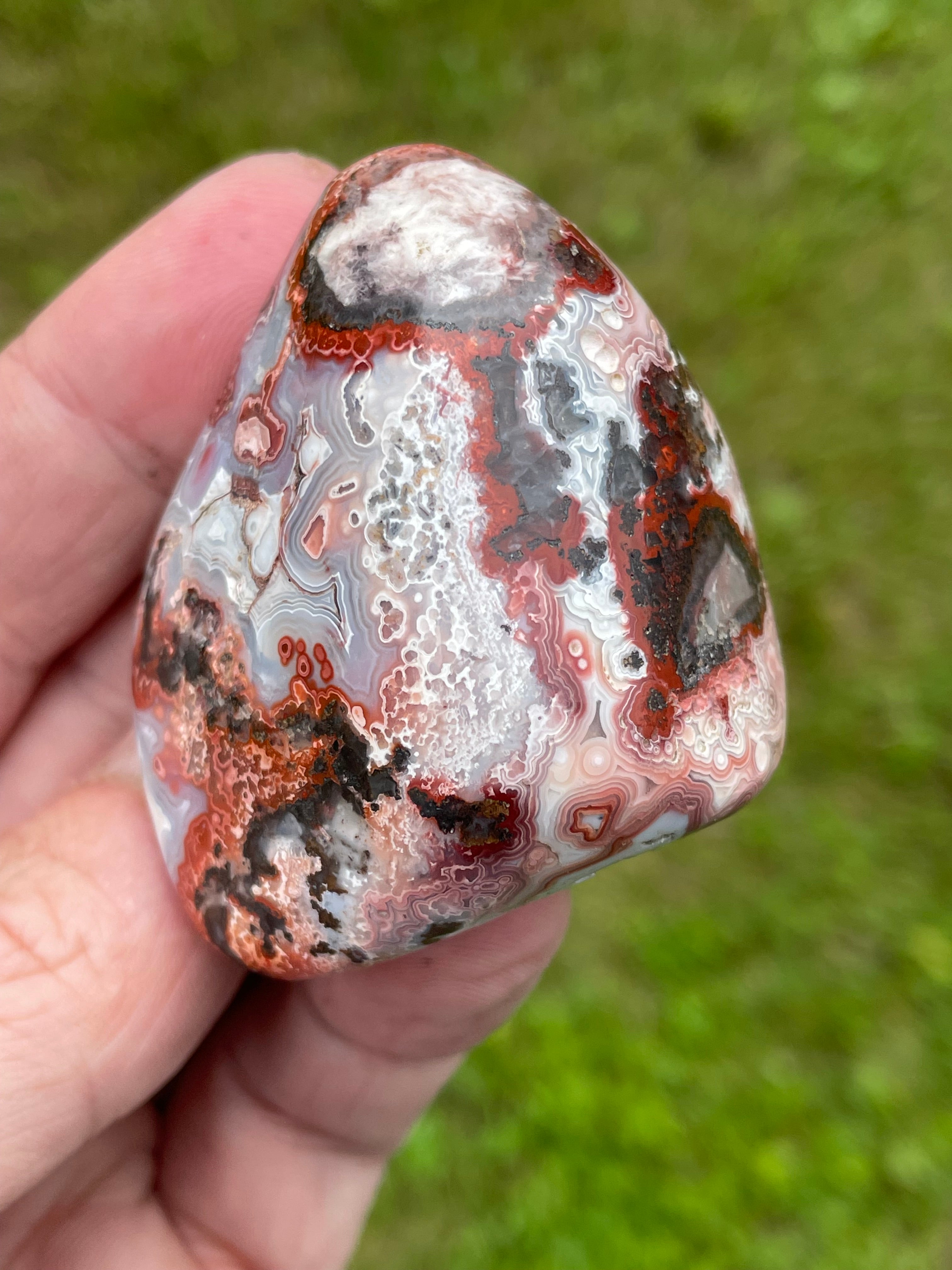 StoneBorn Creations Hand-Polished Lace Agate Freeform with Crimson Fortification Banding, Natural Druzy Cavities, and Intricate Orbicular Patterns