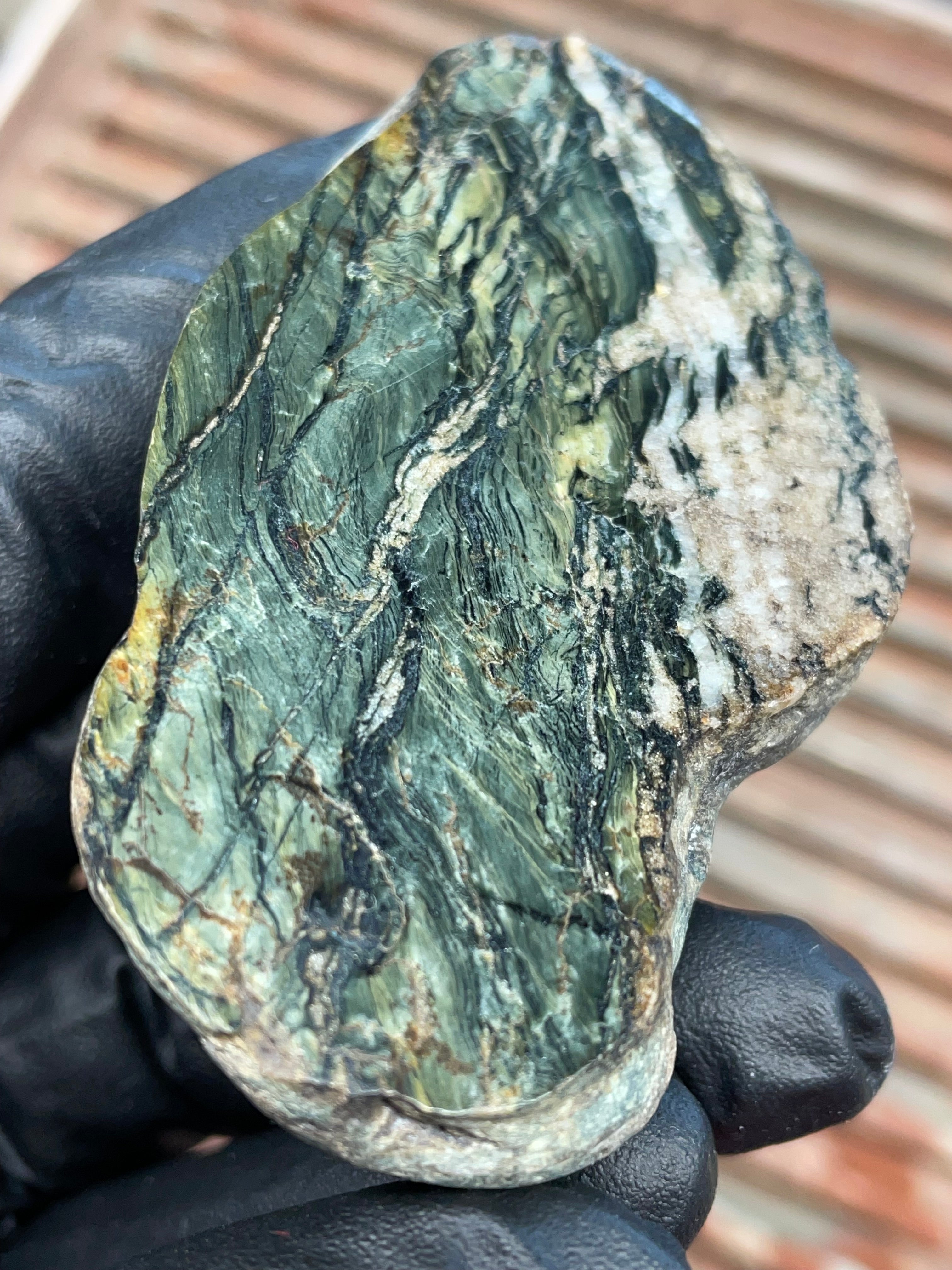 StoneBorn Creations | Polished Vermont Greenstone Slab — Flowing Forest Bands + Quartz Seam