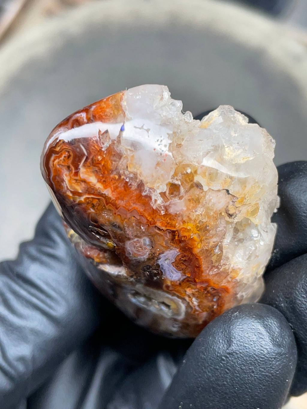 StoneBorn Creations Hand-Polished Fire Agate with Raw Crystal Top – Banded Natural Agate Display Stone