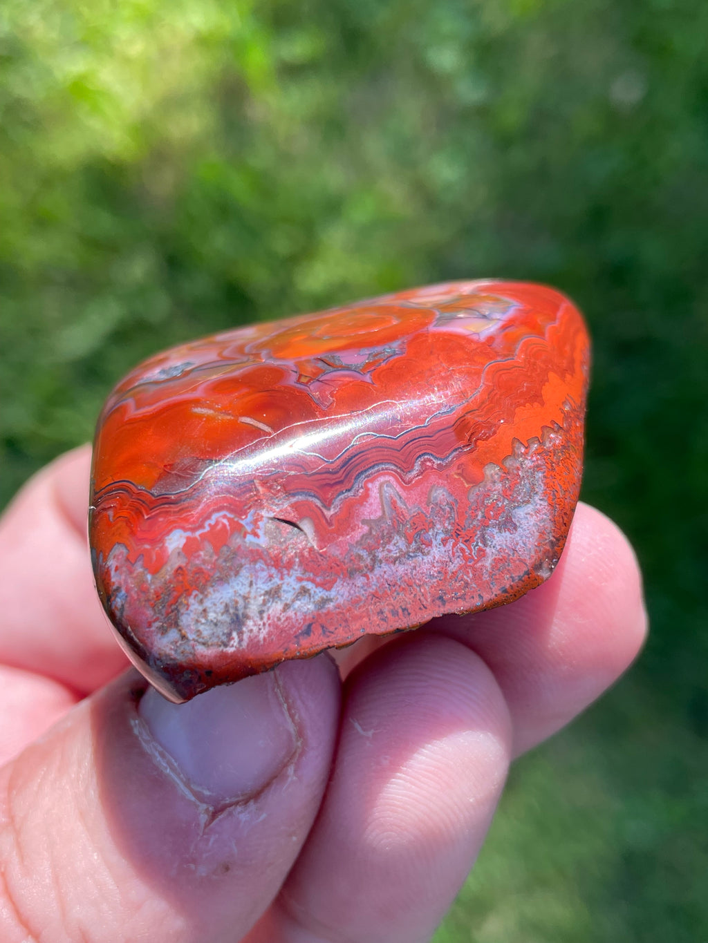 StoneBorn Creations Hand-Polished Lace Agate Freeform with Bold Red Plumes, Fortification Banding & Natural Matrix