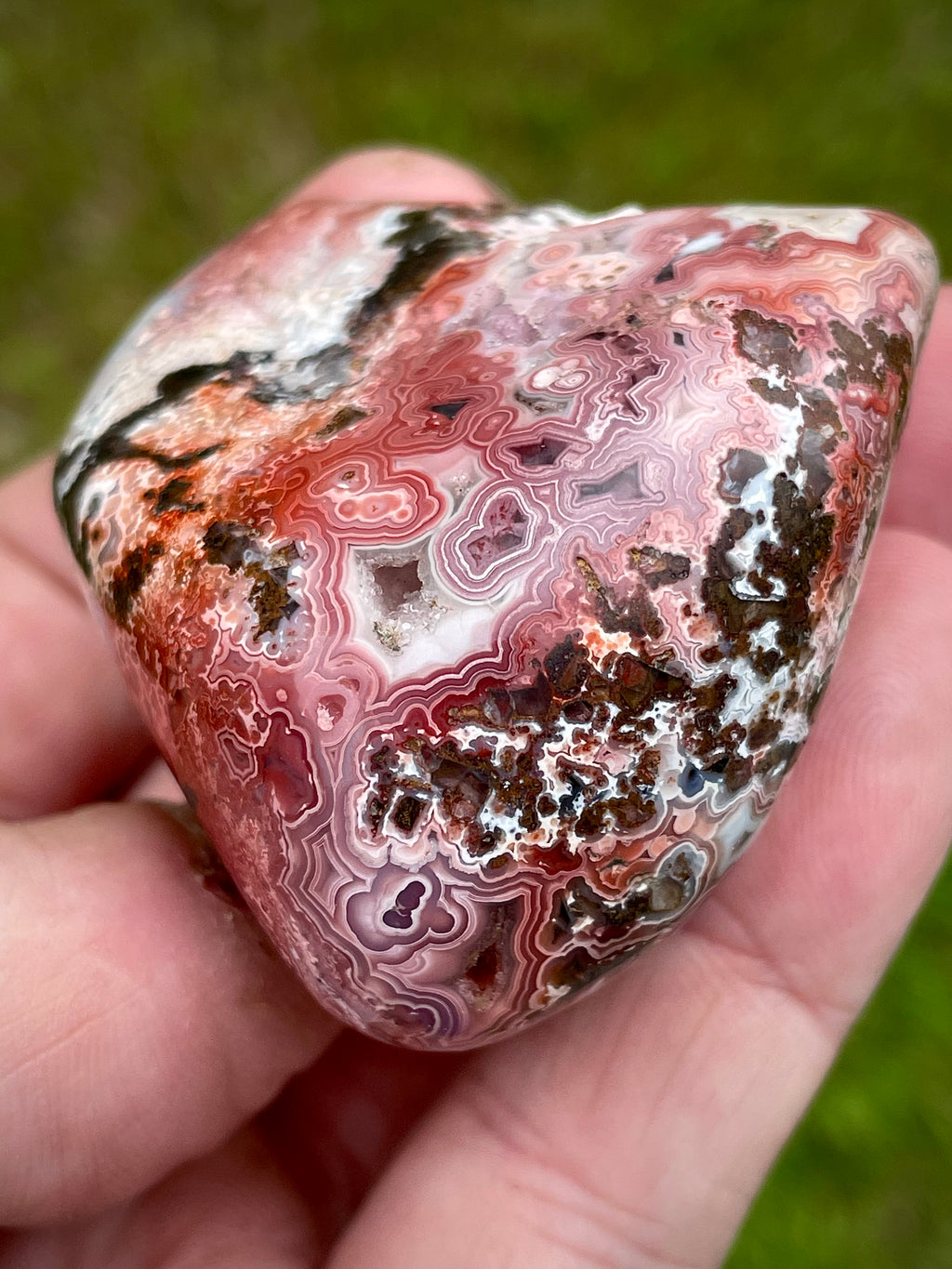 StoneBorn Creations Hand-Polished Lace Agate Freeform with Crimson Fortification Banding, Natural Druzy Cavities, and Intricate Orbicular Patterns