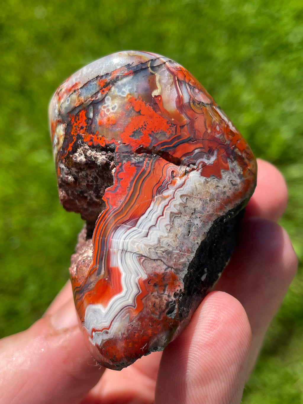 StoneBorn Creations Hand-Polished Lace Agate Freeform with Crimson Fortification Banding, Natural Druzy Pocket, and Preserved Volcanic Matrix