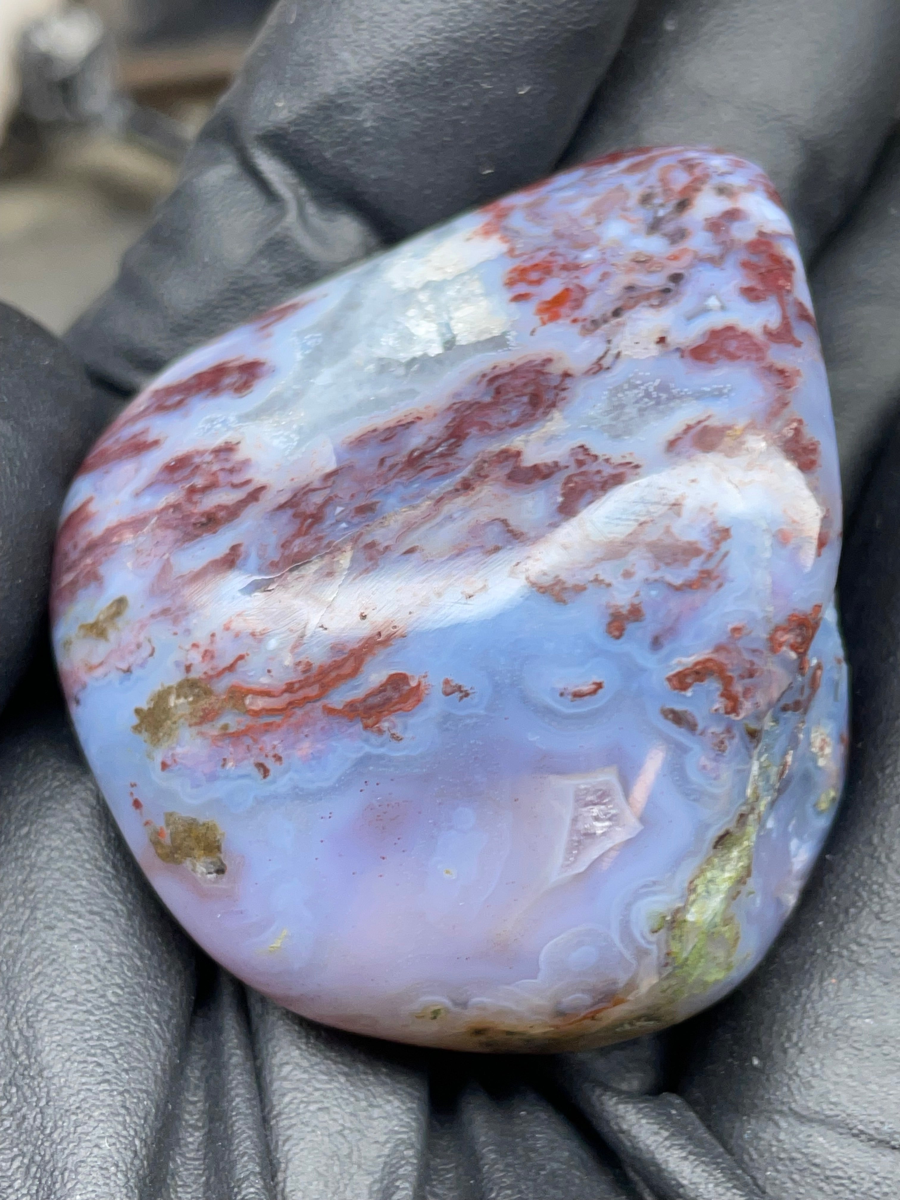 StoneBorn Creations – Hand-Polished Blue Lace Agate with Red Plume Inclusions & Natural Druzy