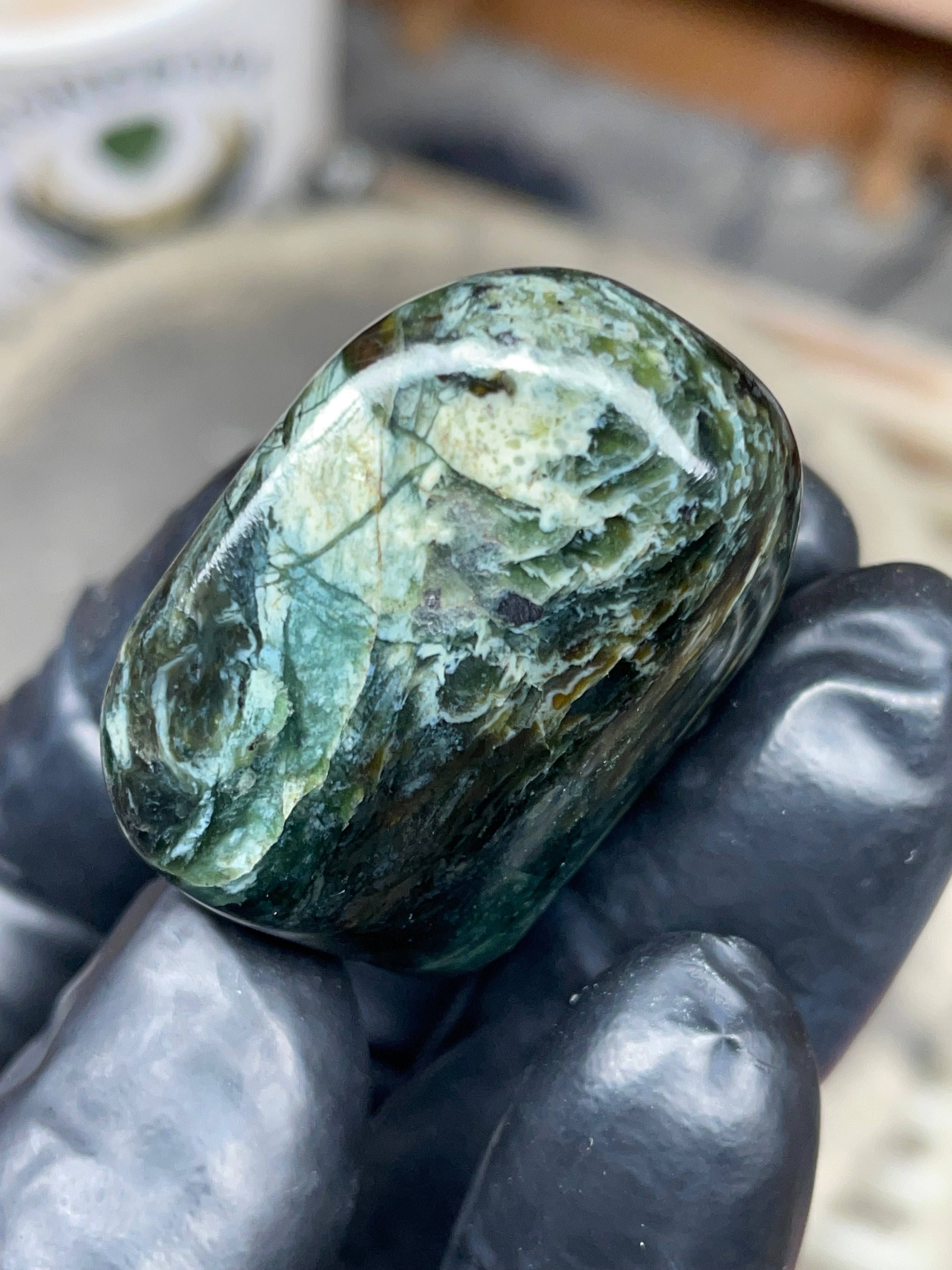 StoneBorn Creations Hand-Polished Vermont Serpentine – Deep Green Natural Patterns – One-of-a-Kind Display Stone