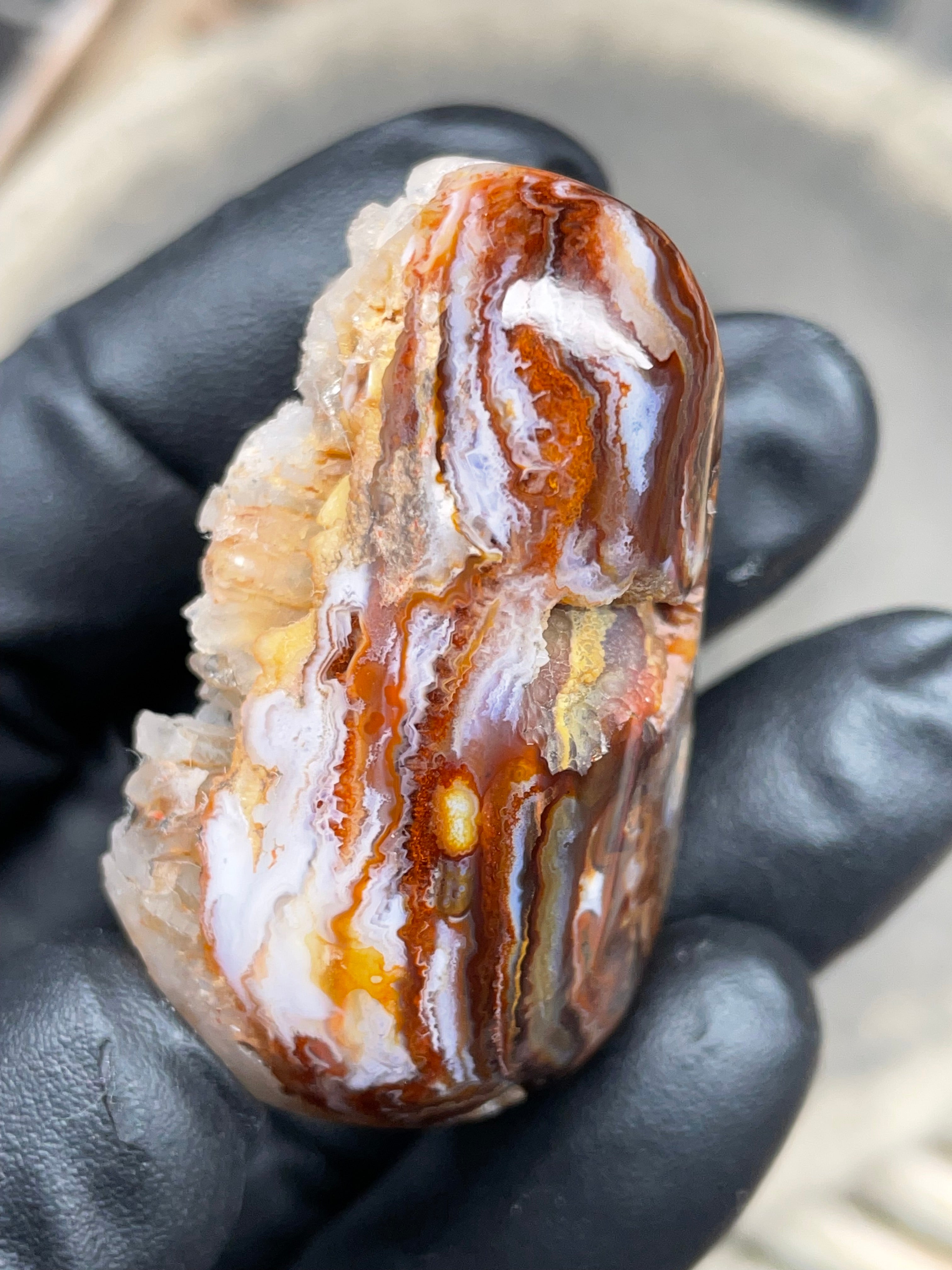 StoneBorn Creations Hand-Polished Fire Agate with Raw Crystal Top – Banded Natural Agate Display Stone