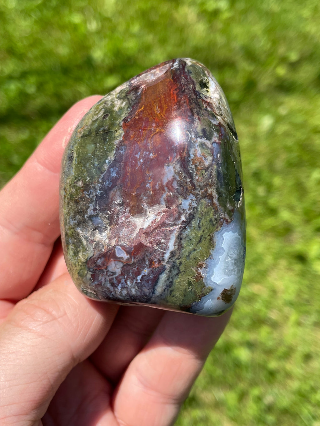 StoneBorn Creations Hand-Polished Green Serpentine & Red Jasper Freeform with Blue Chalcedony Pockets