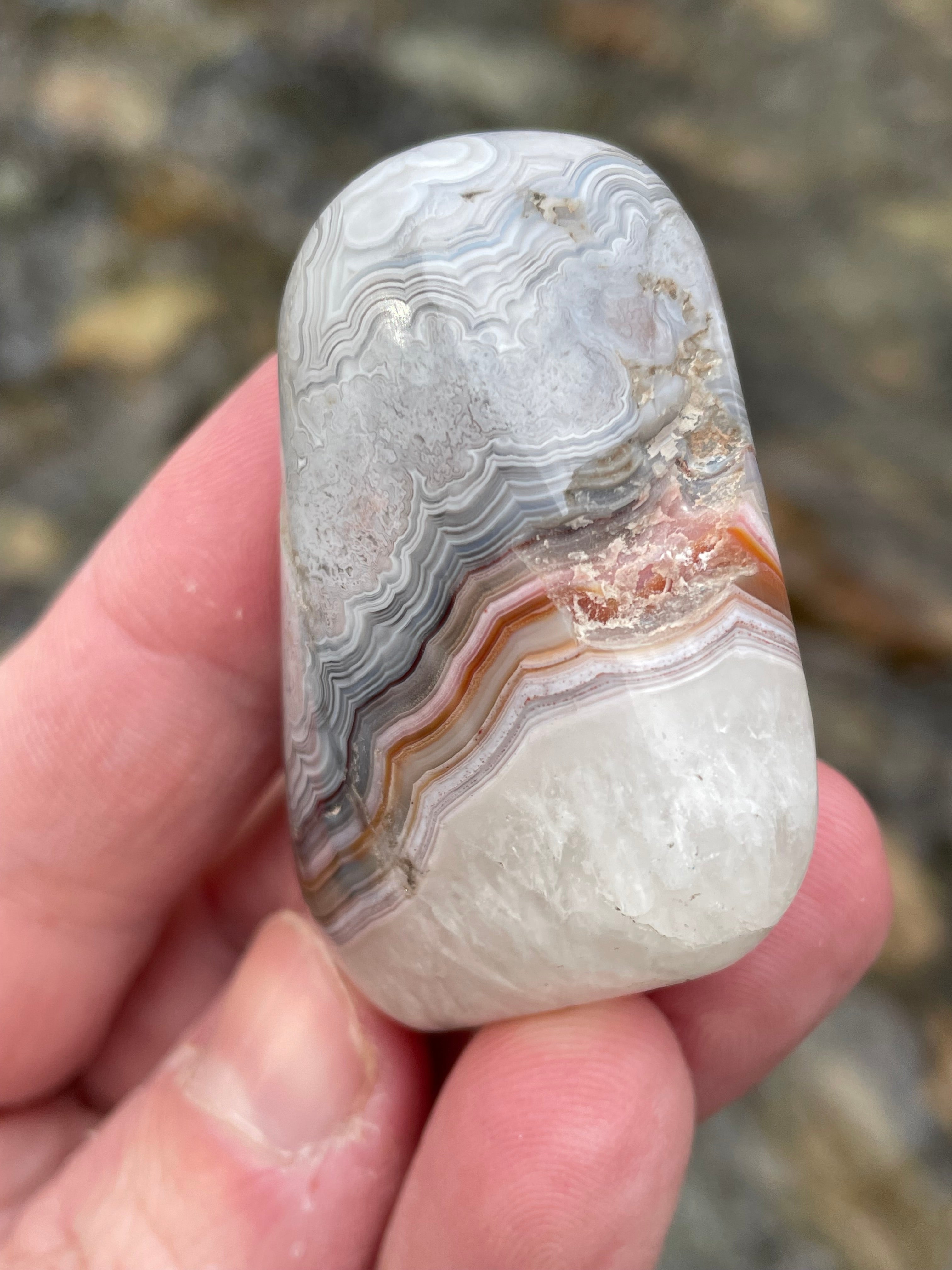 StoneBorn Creations Hand-Polished Banded Agate with Soft Grey Lace Layers, Subtle Earth Tones & Natural Quartz Base – Freeform Finish