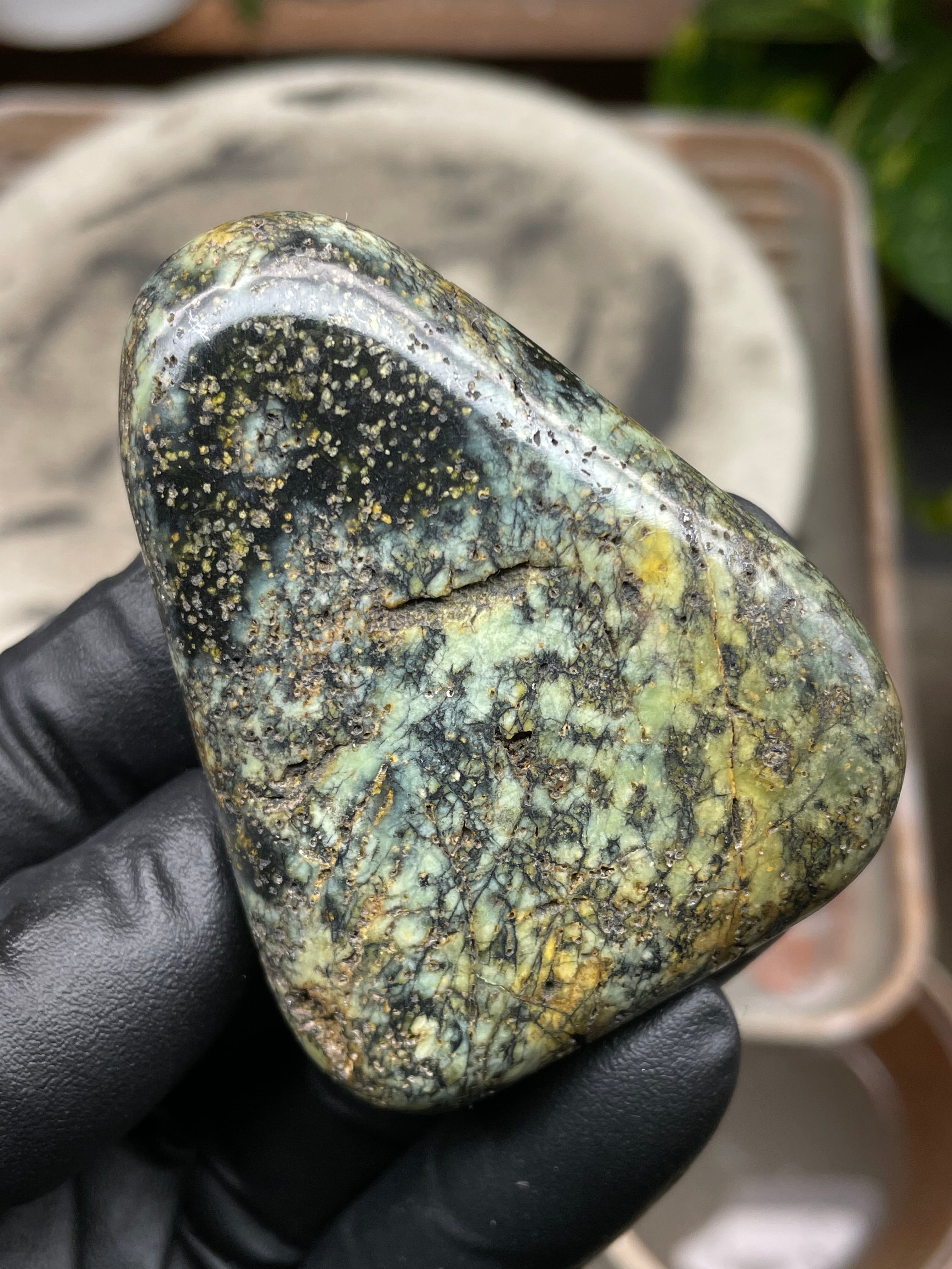 Hand-Polished Vermont Serpentine with Golden Flecking, Deep Green Tones, and Natural Matrix Freeform Finish
