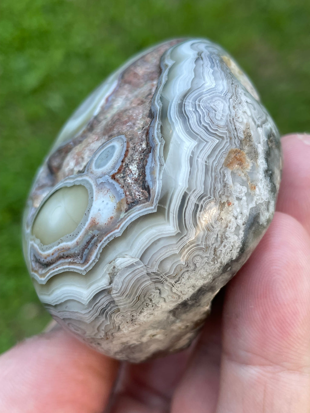 StoneBorn Creations Hand-Polished Lace Agate Freeform with Intricate Fortification Banding, Orbicular Eyes, Natural Matrix & Curved Display Face