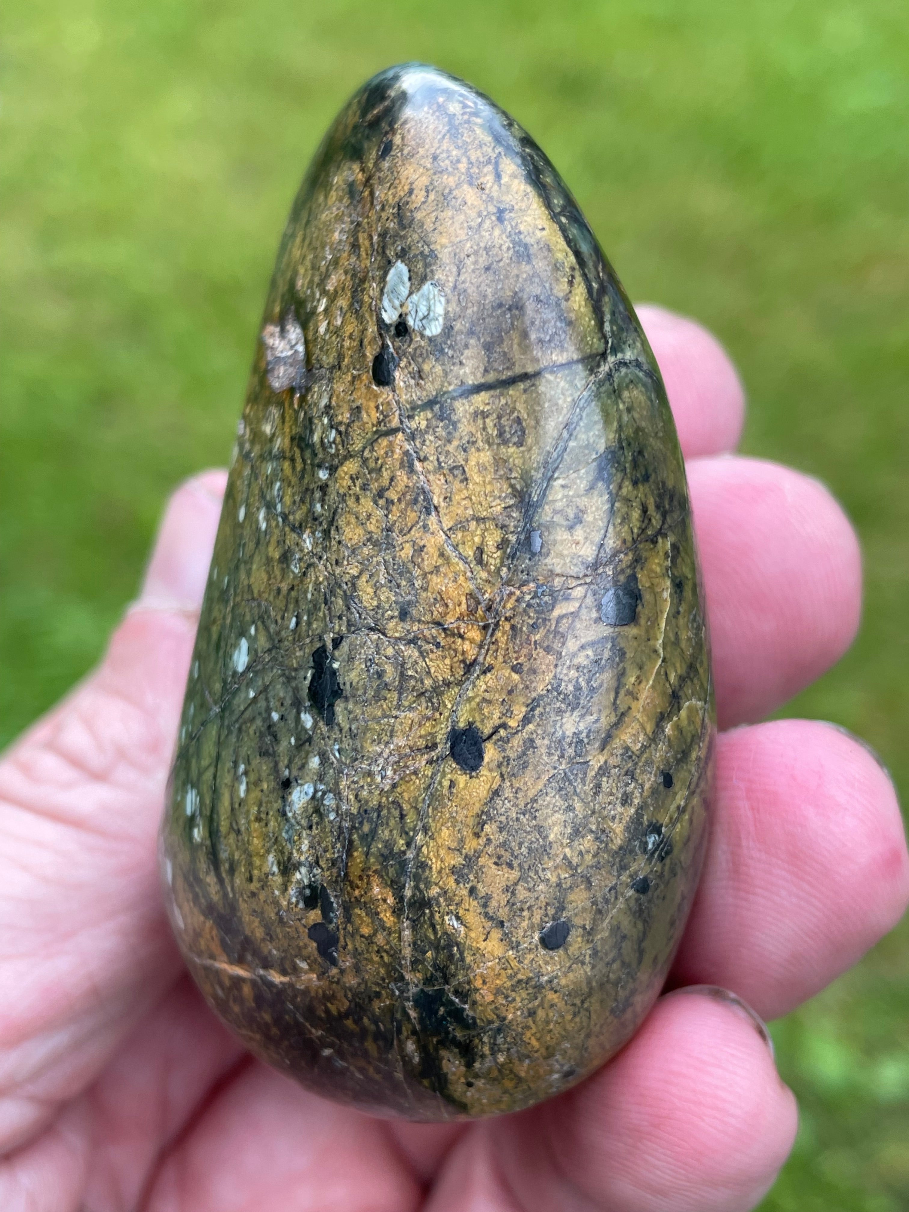 StoneBorn Creations Hand Polished Serpentine Freeform with Natural Olive Matrix, White Mineral Inclusions and Intricate Veining