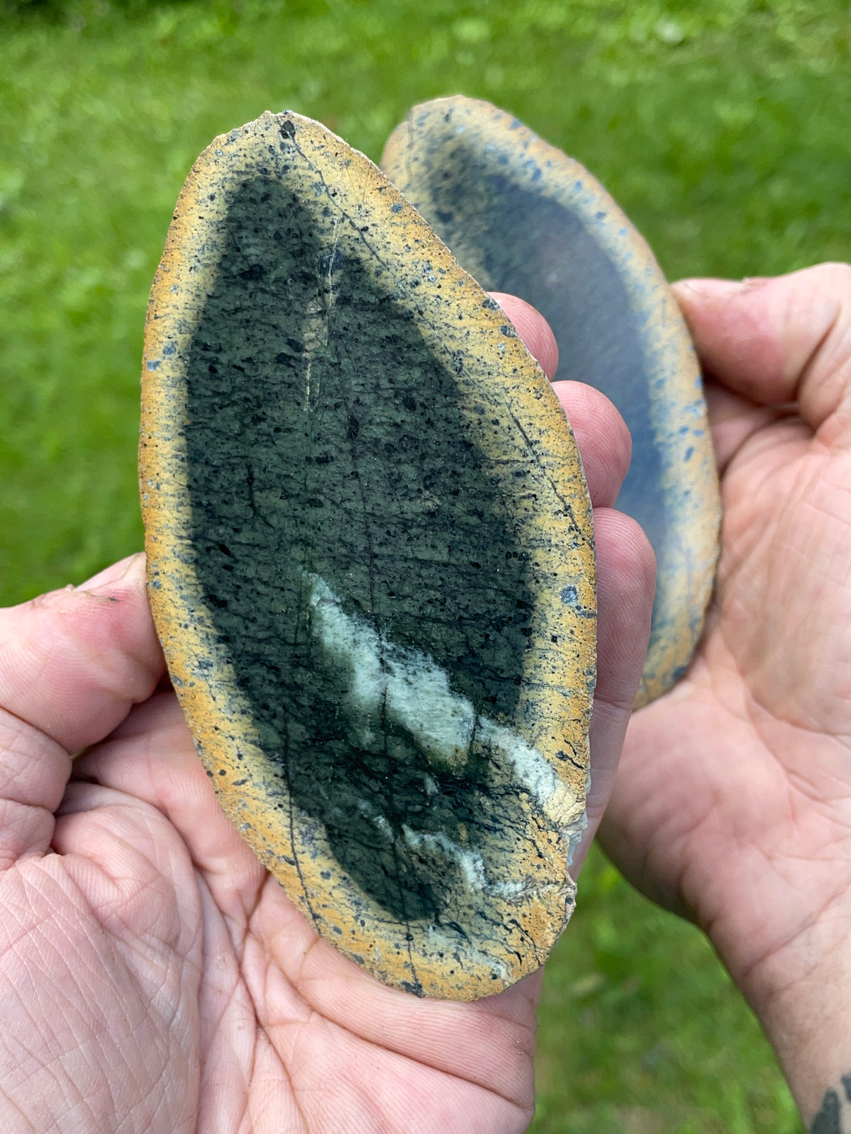 StoneBorn Creations – Hand-Polished Forest Green Stone Pair | Golden Earth Tones & Natural Mineral Veining