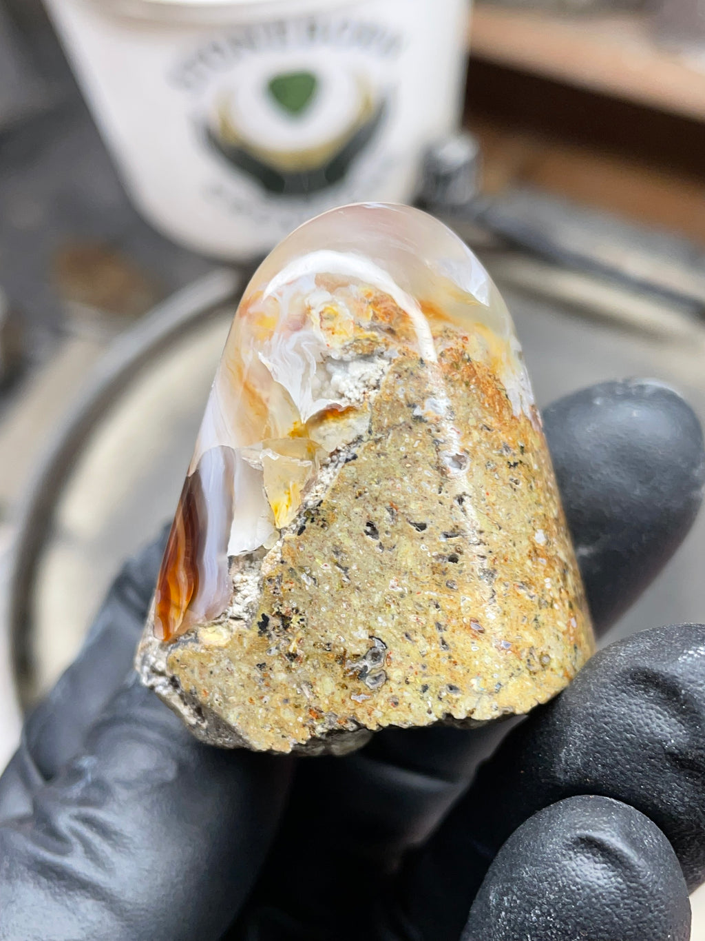 StoneBorn Creations Hand-Shaped Fire Agate with Natural Banding and Raw Matrix Base