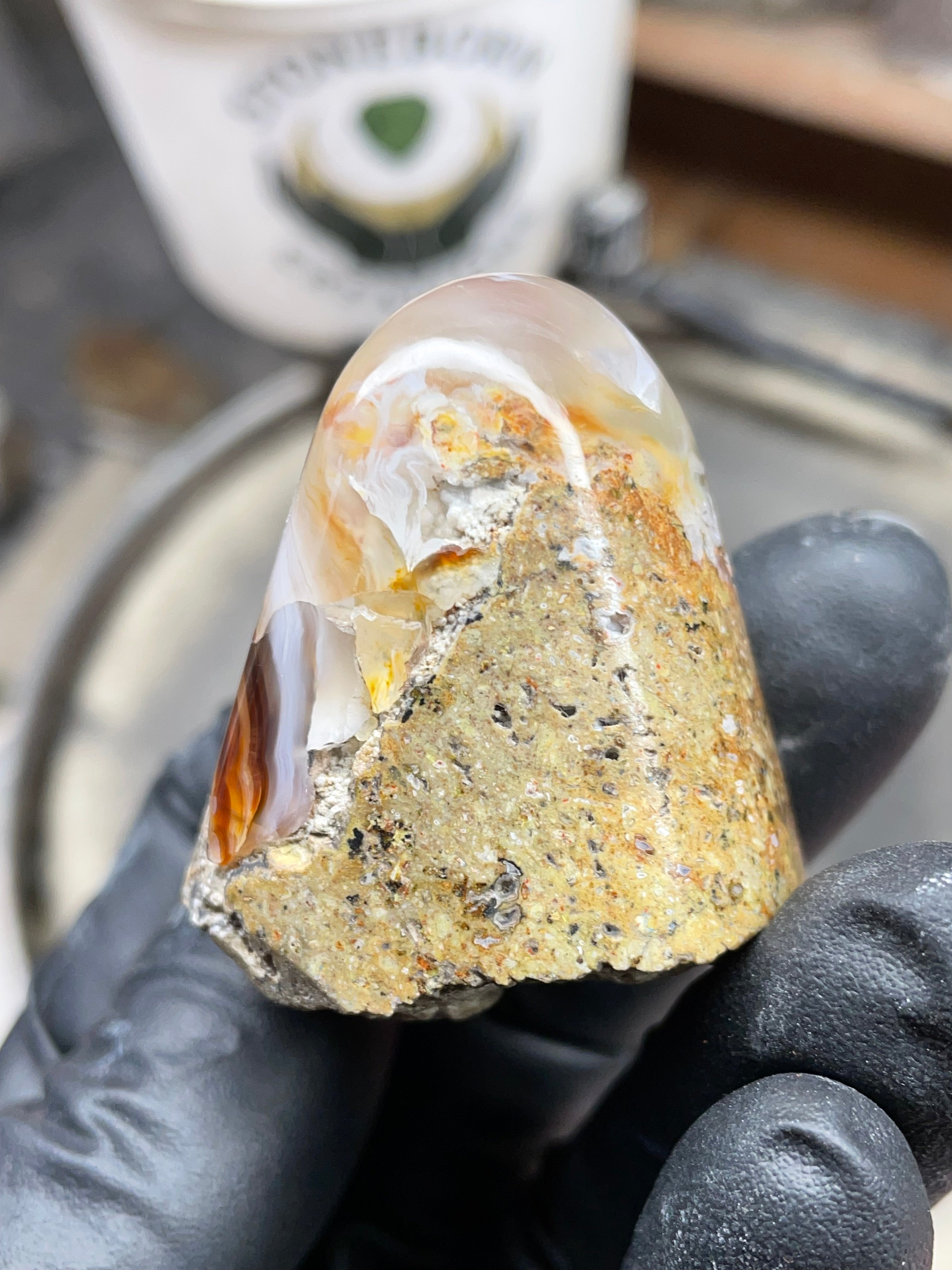 StoneBorn Creations Hand-Shaped Fire Agate with Natural Banding and Raw Matrix Base