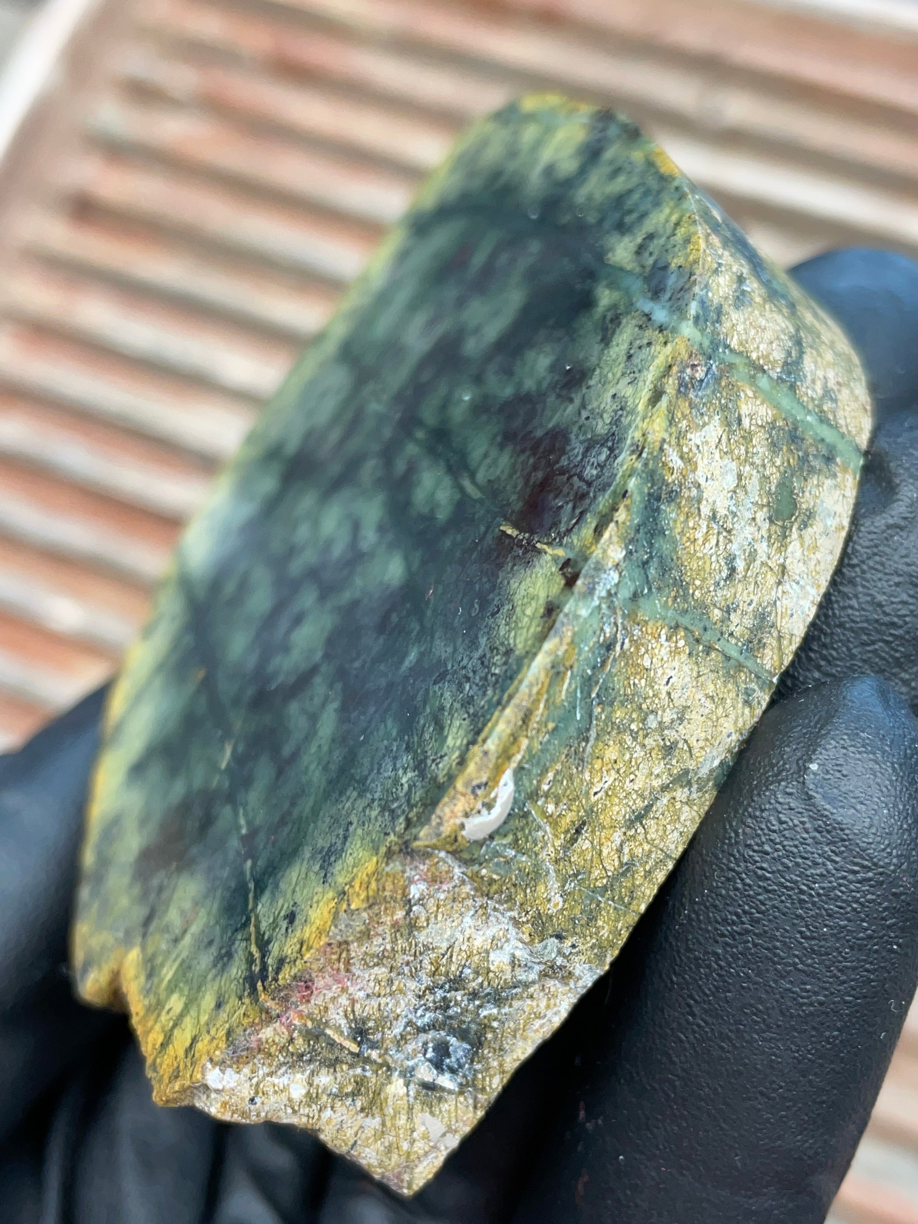 StoneBorn Creations | Polished Vermont Greenstone “Glacier Grid” Slab — Deep Forest Green + Golden Rind