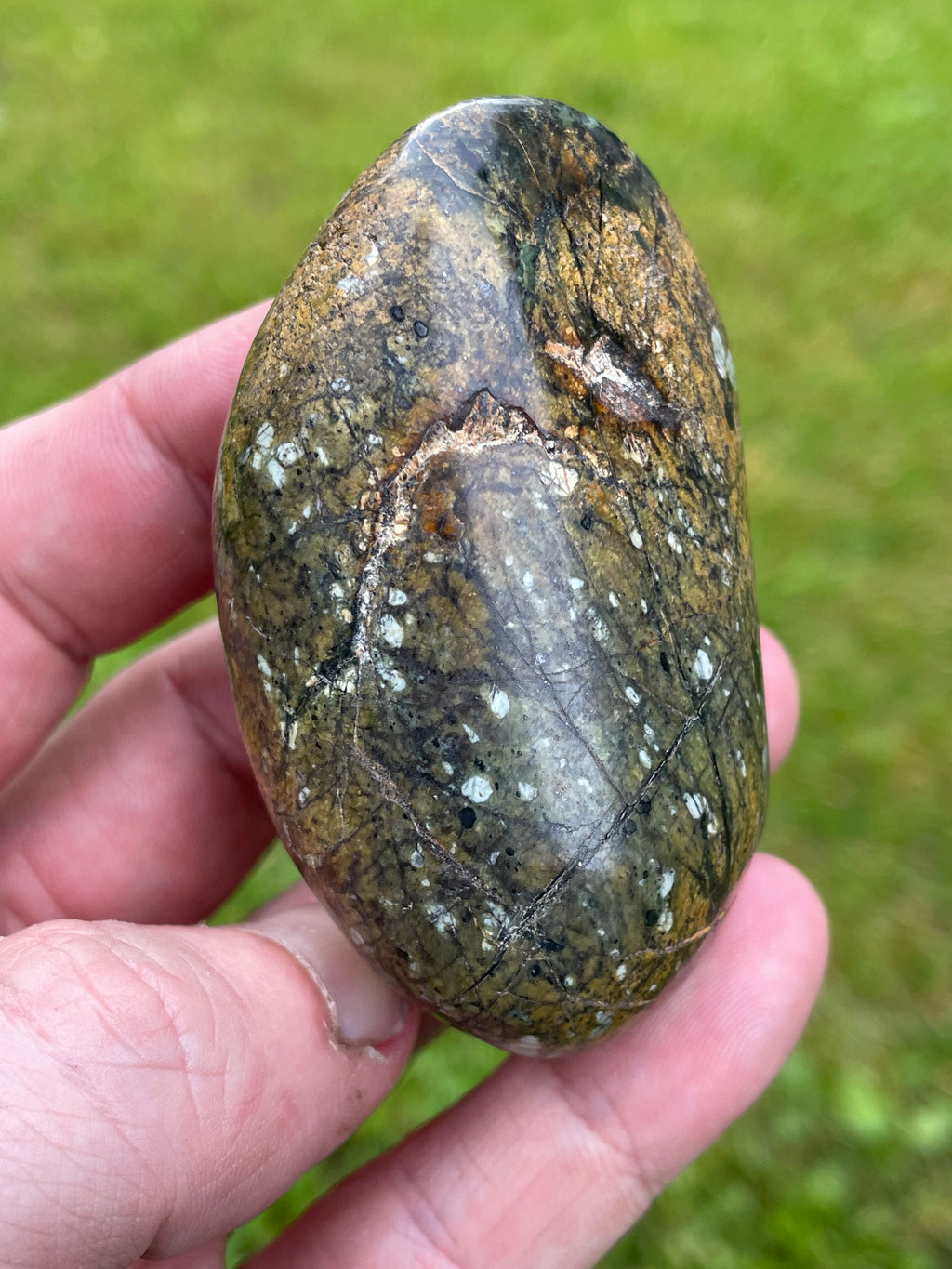 StoneBorn Creations Hand Polished Serpentine Freeform with Natural Olive Matrix, White Mineral Inclusions and Intricate Veining