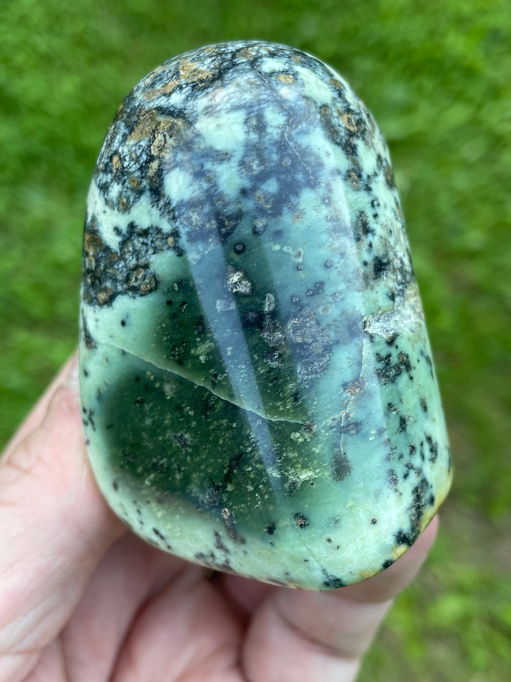 StoneBorn Creations Hand-Polished Green Serpentine Freeform with Deep Forest Green Pocket, Golden Matrix, and Natural Black Mineral Inclusions