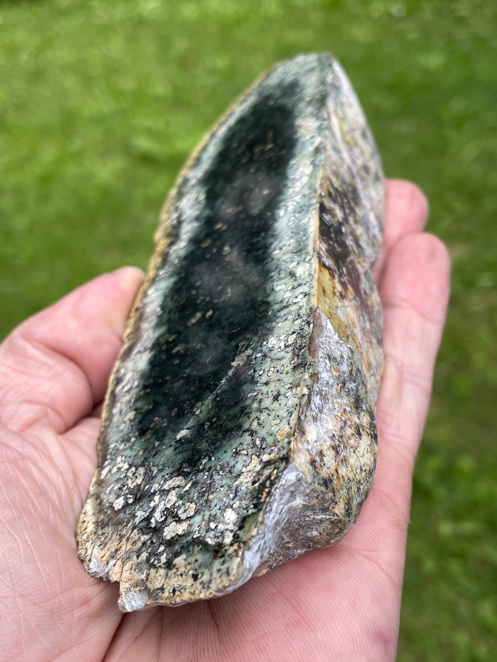 StoneBorn Creations – Deep Forest Green Serpentine Display Stone | Natural Polished Face with Black & Sage Green Mineral Patterns