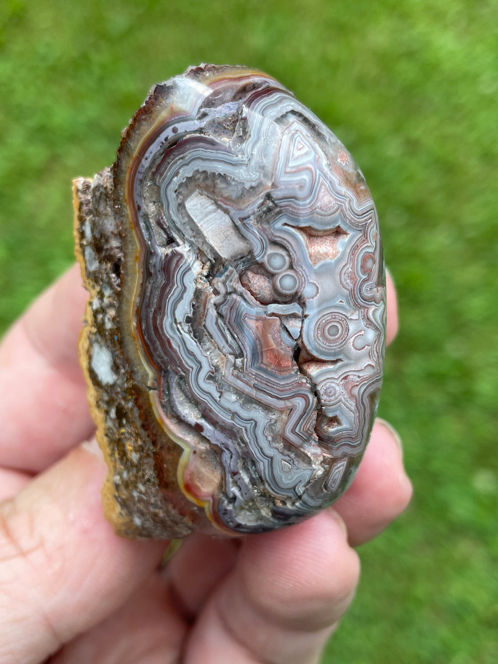 StoneBorn Creations Hand-Polished Custom Shaped Lace Agate Freeform with Natural Druzy Quartz, Orbicular Eyes & Fortification Banding