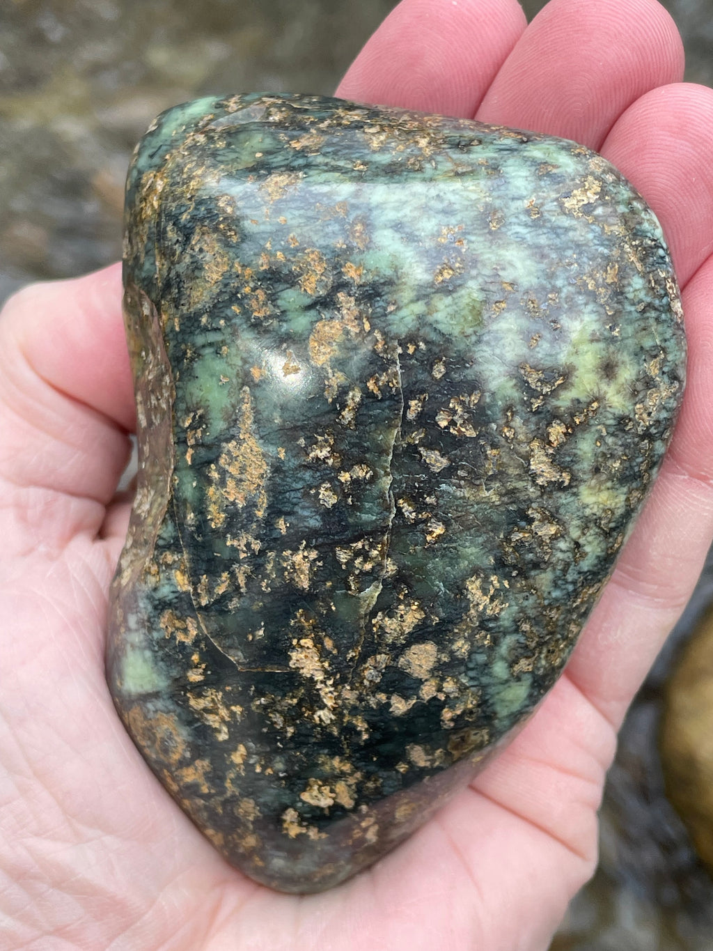 StoneBorn Creations Hand-Polished Vermont Serpentine with Golden Flecking Deep Forest Greens Full 360 Finish