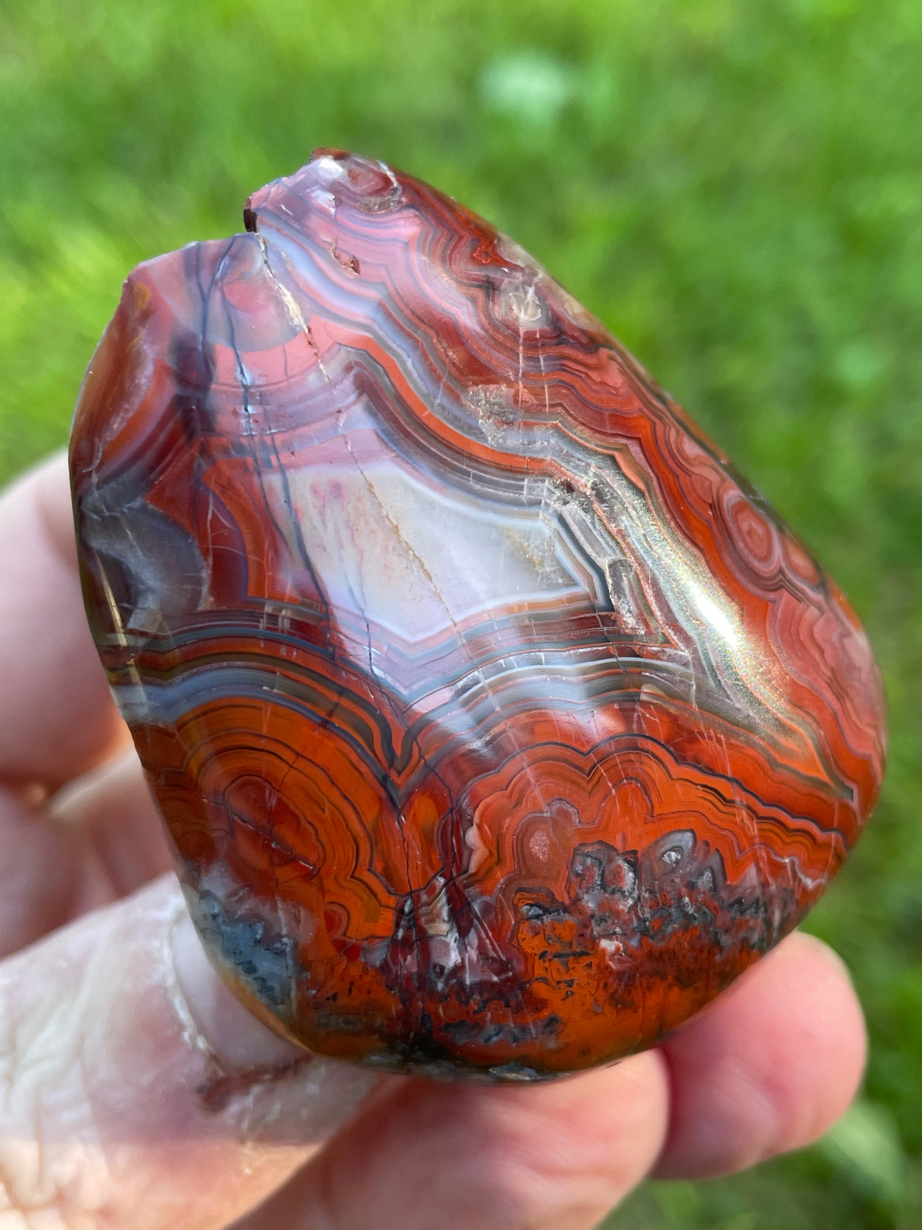 StoneBorn Creations Hand-Polished Lace Agate Freeform with Curved Polished Face, Fortification Banding, and Natural Raw Backing