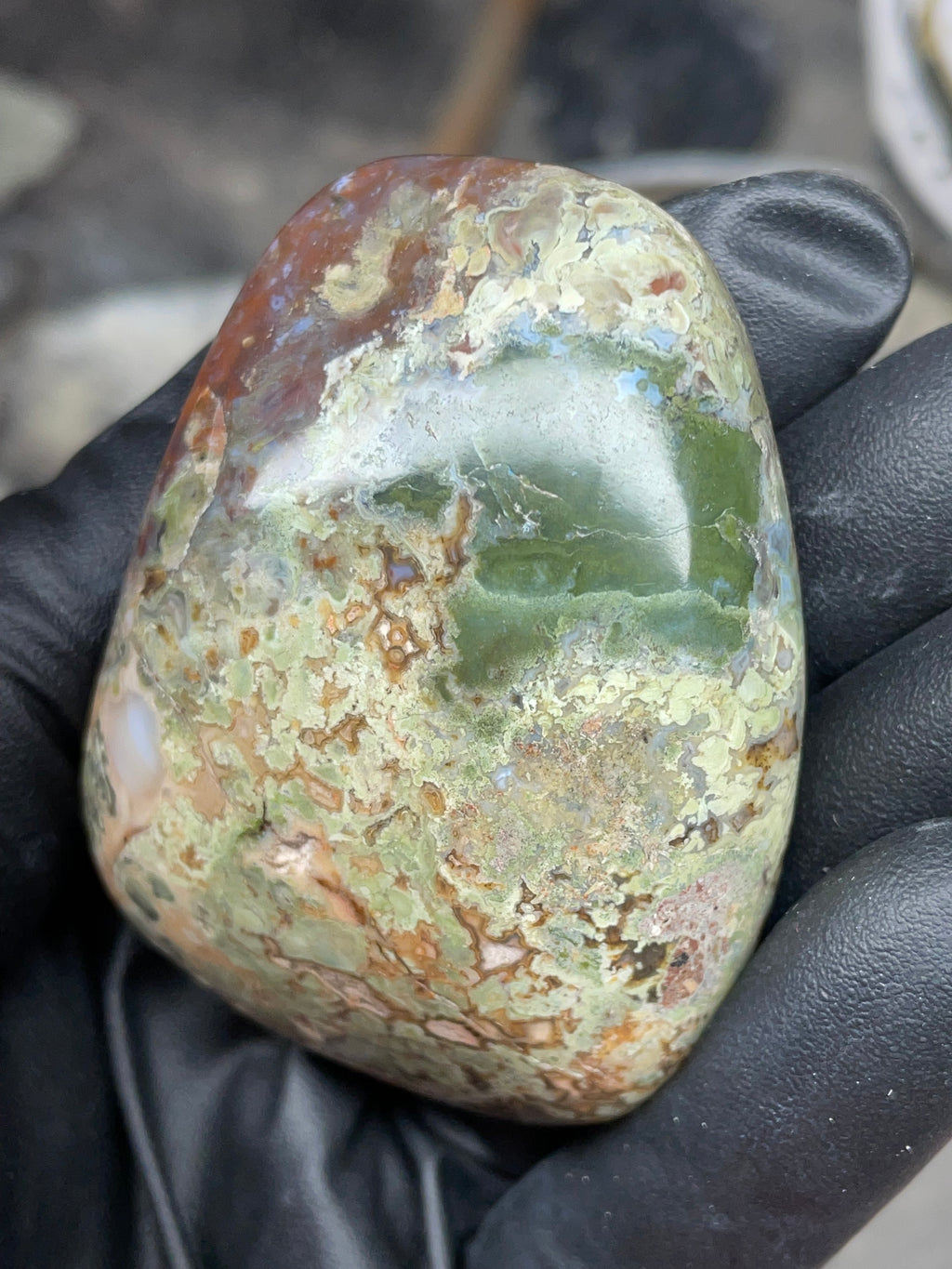 StoneBorn Creations Hand-Polished Multicolor Lace Agate with Natural Green and Rust Patterns – One-of-a-Kind Display Stone