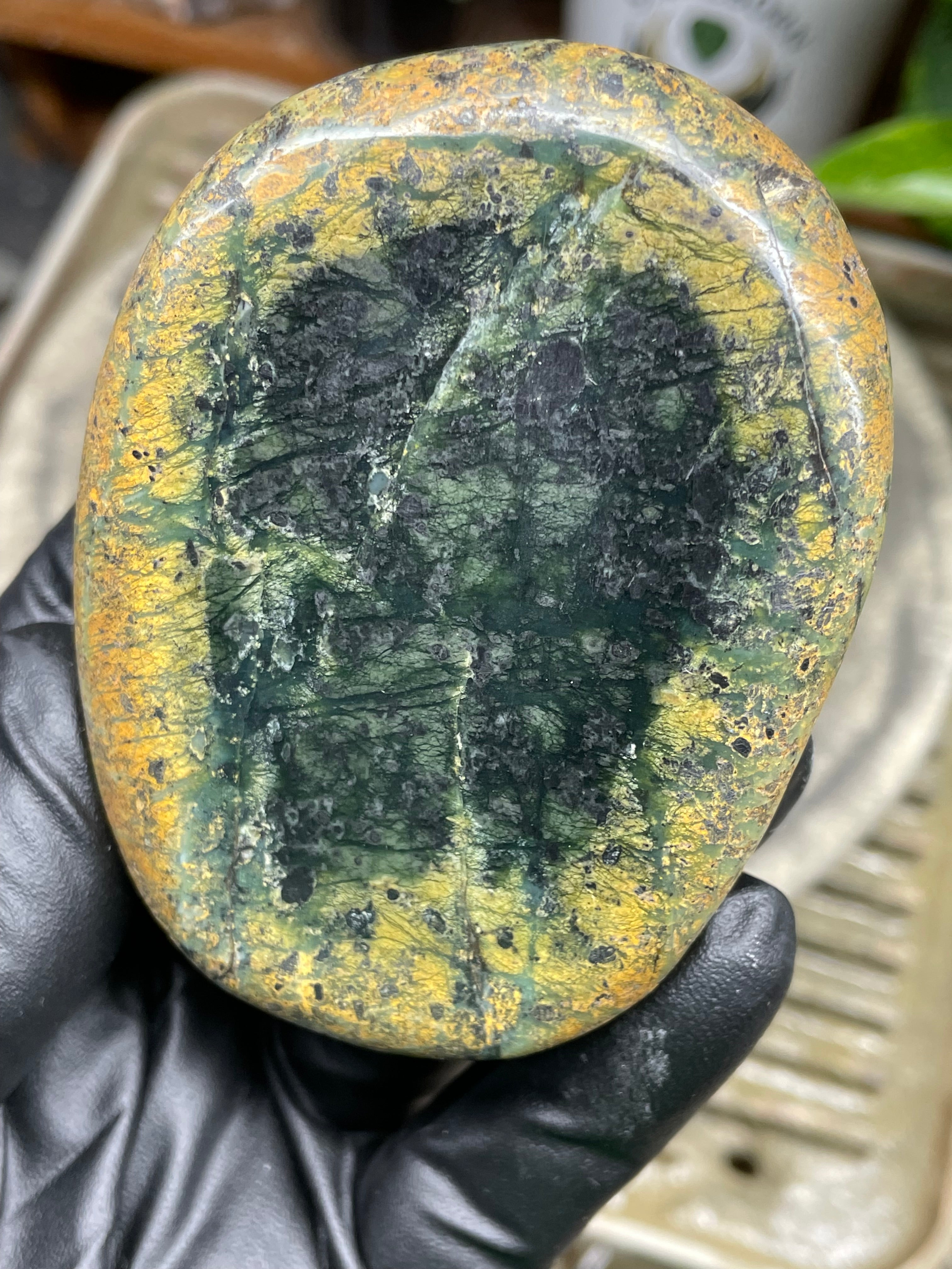 StoneBorn Creations Hand-Polished Vermont River Stone Pair – Rounded Freeform Halves with Natural Raw Backs & Deep Green Interior Patterns