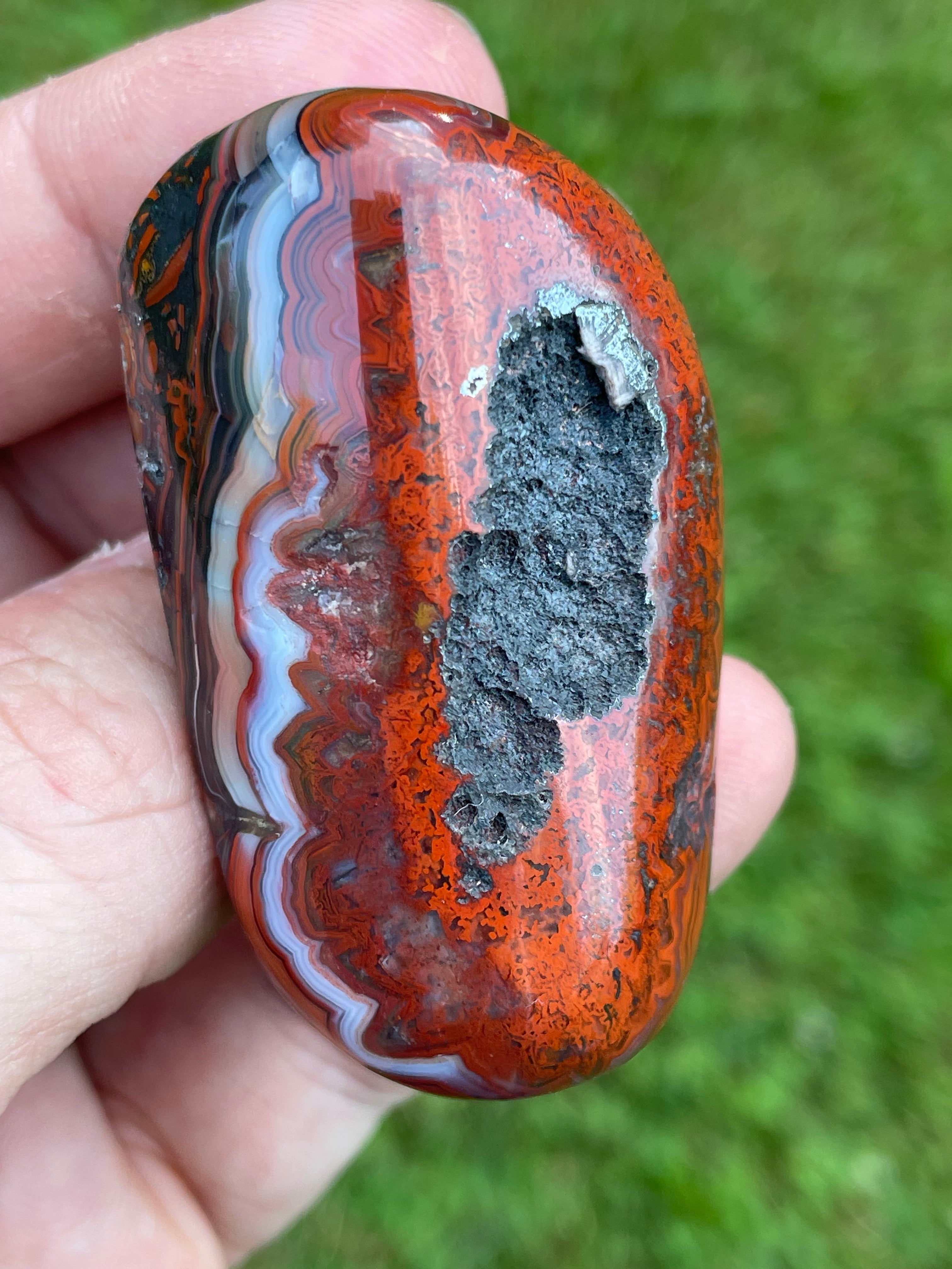 StoneBorn Creations Hand-Polished Lace Agate Freeform with Intricate Fortification Banding, Bold Red Plumes & Natural Druzy Matrix